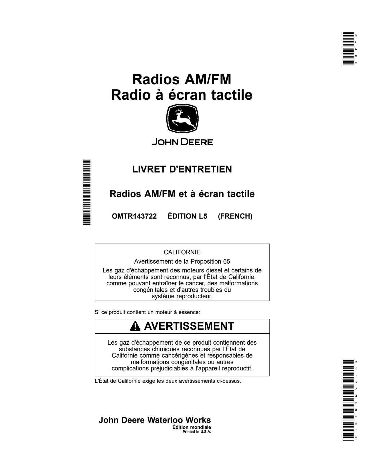 John Deere AM FM Radios Touchscreen Radio Precision Ag Electronics Operator Manual OMTR143722 FR 1 John Deere AM FM Radios Touchscreen Radio Precision Ag Electronics Operator Manual OMTR143722 FR
