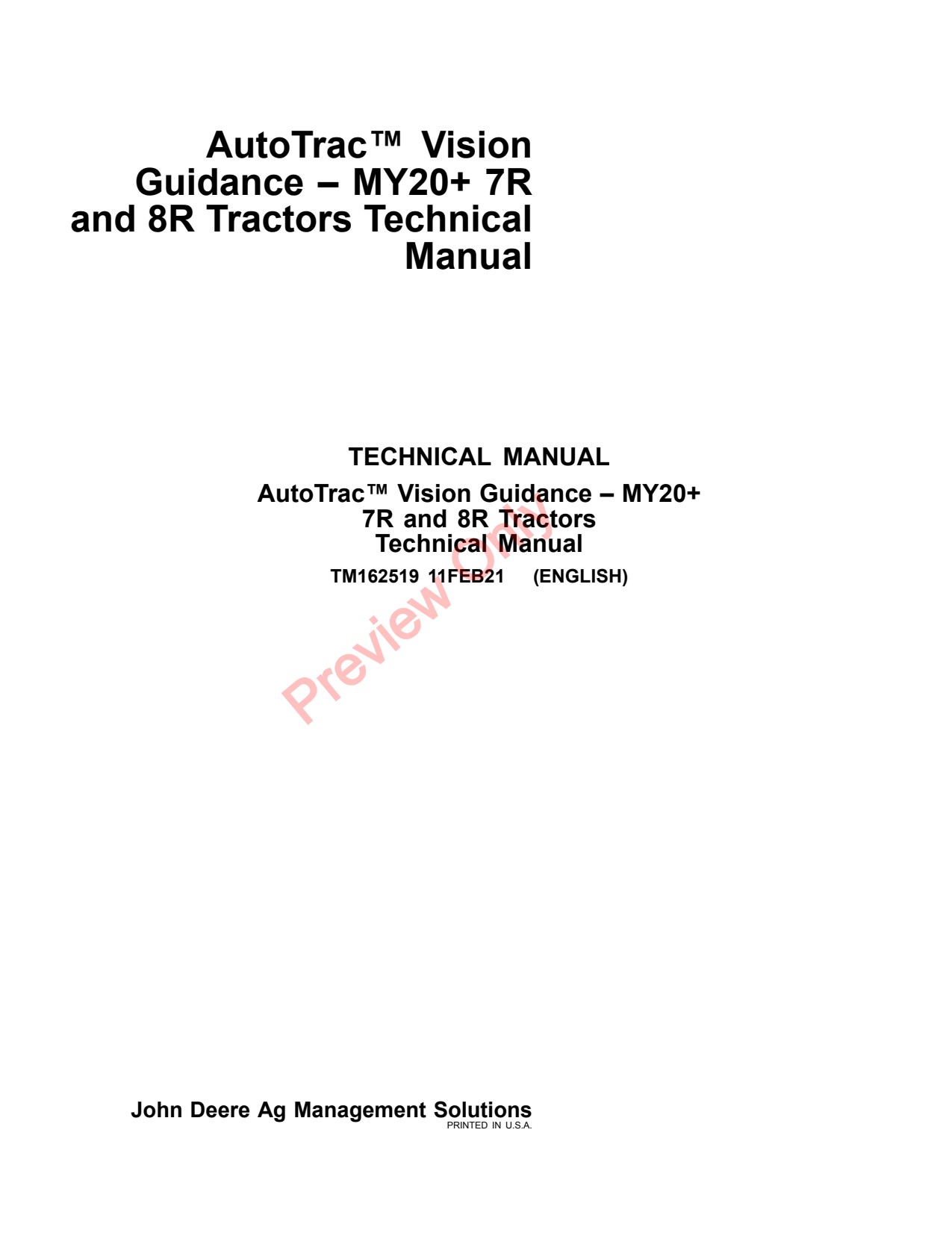 John Deere AMS AutoTrac Vision Guidance 7R 8R MY20 Tractor Technical Manual TM162519 1 John Deere AMS AutoTrac Vision Guidance 7R 8R MY20 Tractor Technical Manual TM162519