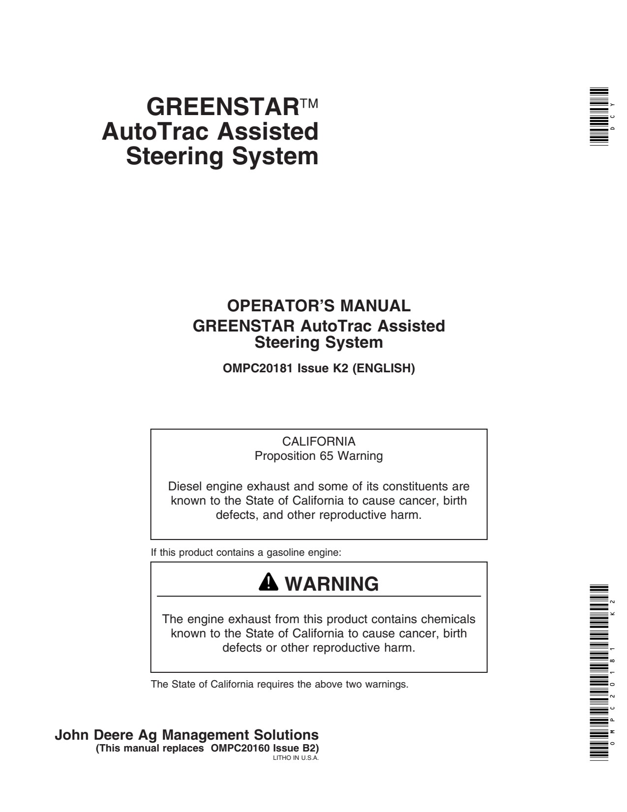 John Deere AMS GreenStar AutoTrac Assisted Steering Systems Precision Ag Electronics Operator Manual OMPC20181 1 John Deere AMS GreenStar AutoTrac Assisted Steering Systems Precision Ag Electronics Operator Manual OMPC20181