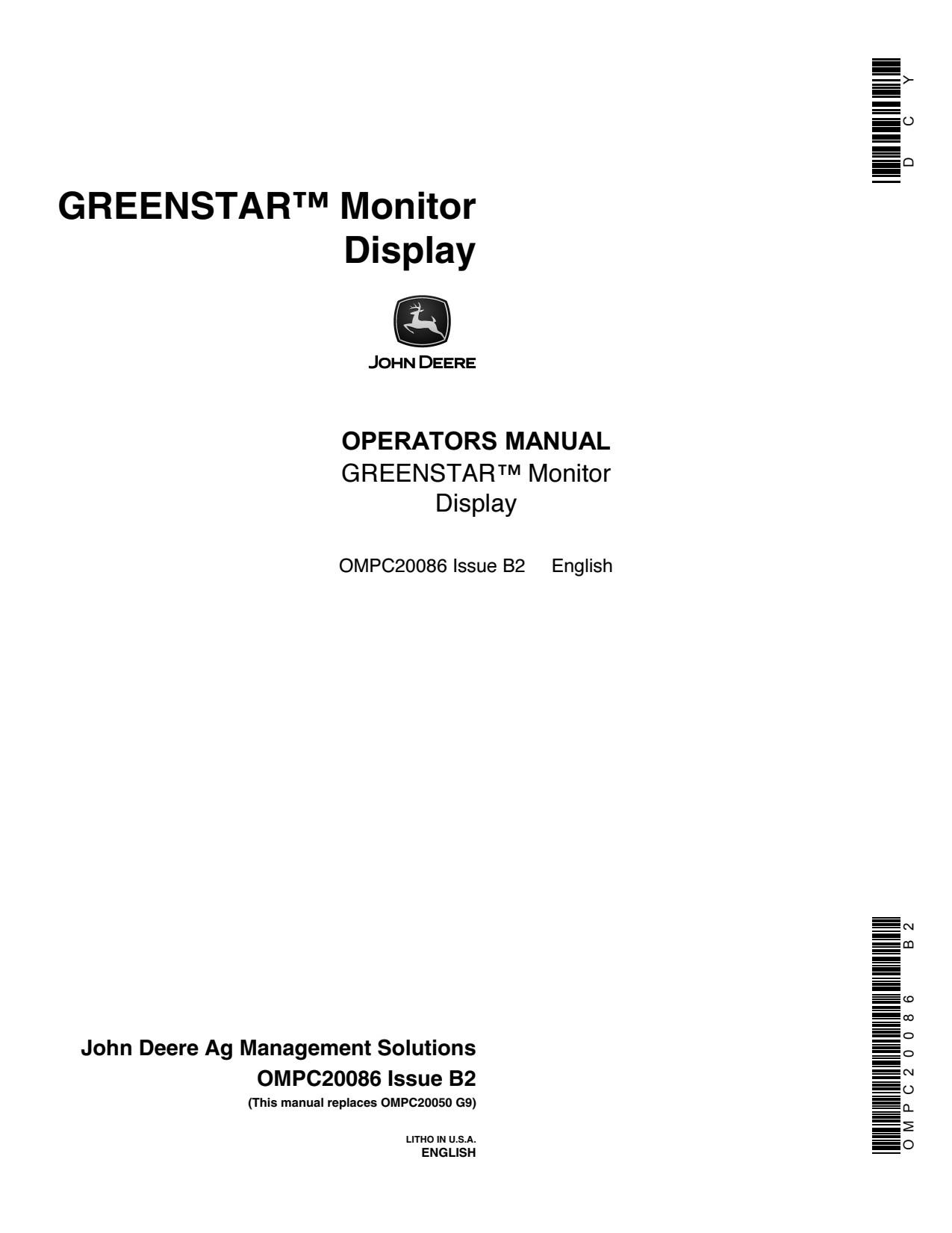 John Deere AMS GreenStar Monitor Display System Operator Manual OMPC20086 1 John Deere AMS GreenStar Monitor Display System Operator Manual OMPC20086