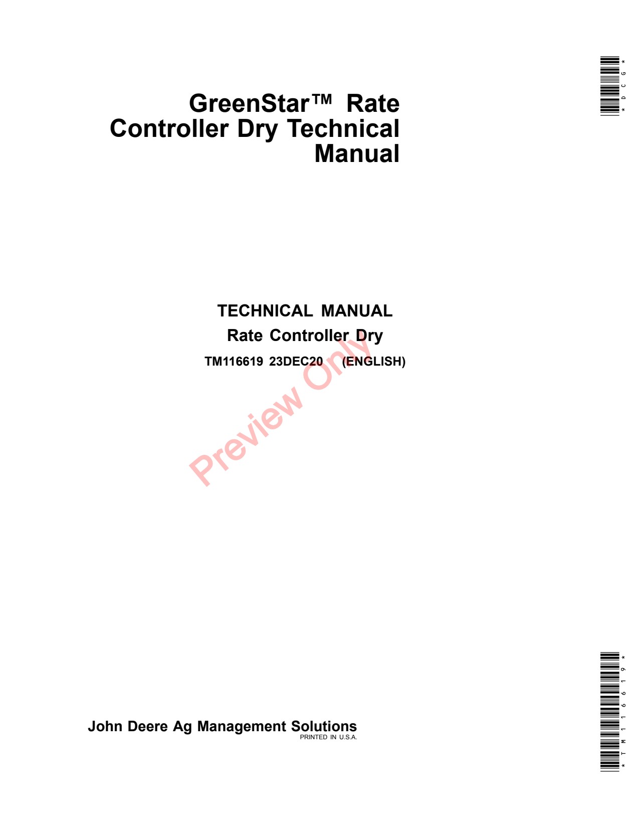 John Deere AMS GreenStar Rate Controller Dry Technical Manual Precision Ag Electronics TM116619 1 John Deere AMS GreenStar Rate Controller Dry Technical Manual Precision Ag Electronics TM116619