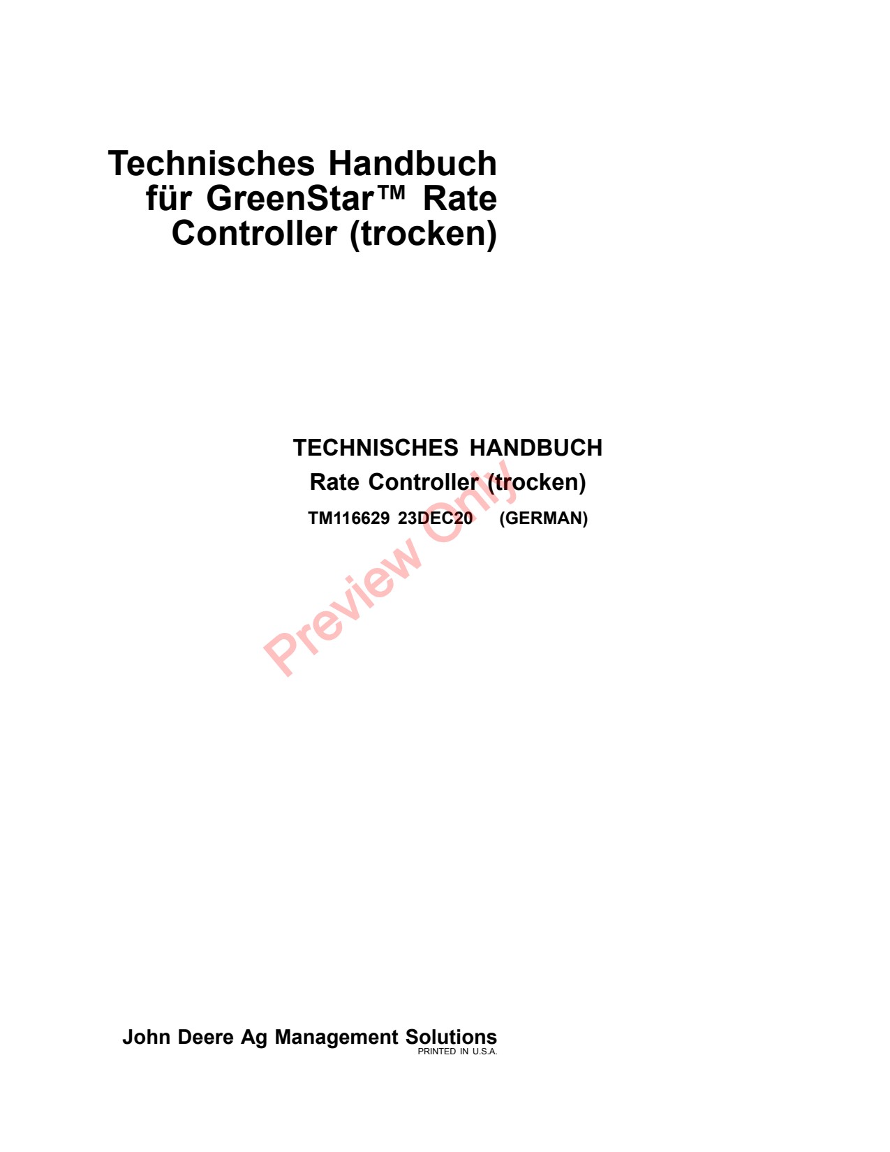 John Deere AMS GreenStar Rate Controller Dry Technical Manual Precision Ag Electronics TM116629 DE