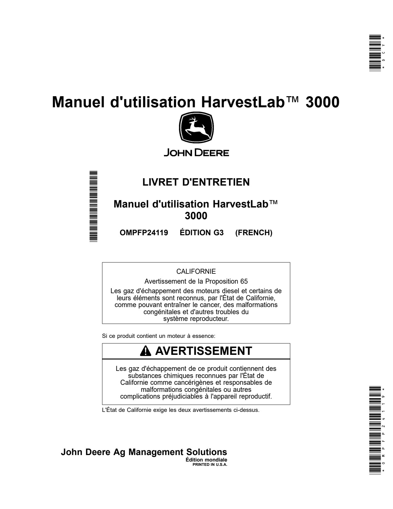 John Deere AMS HarvestLab 3000 Precision Ag Electronics Operator Manual OMPFP24119 FR 1 John Deere AMS HarvestLab 3000 Precision Ag Electronics Operator Manual OMPFP24119 FR