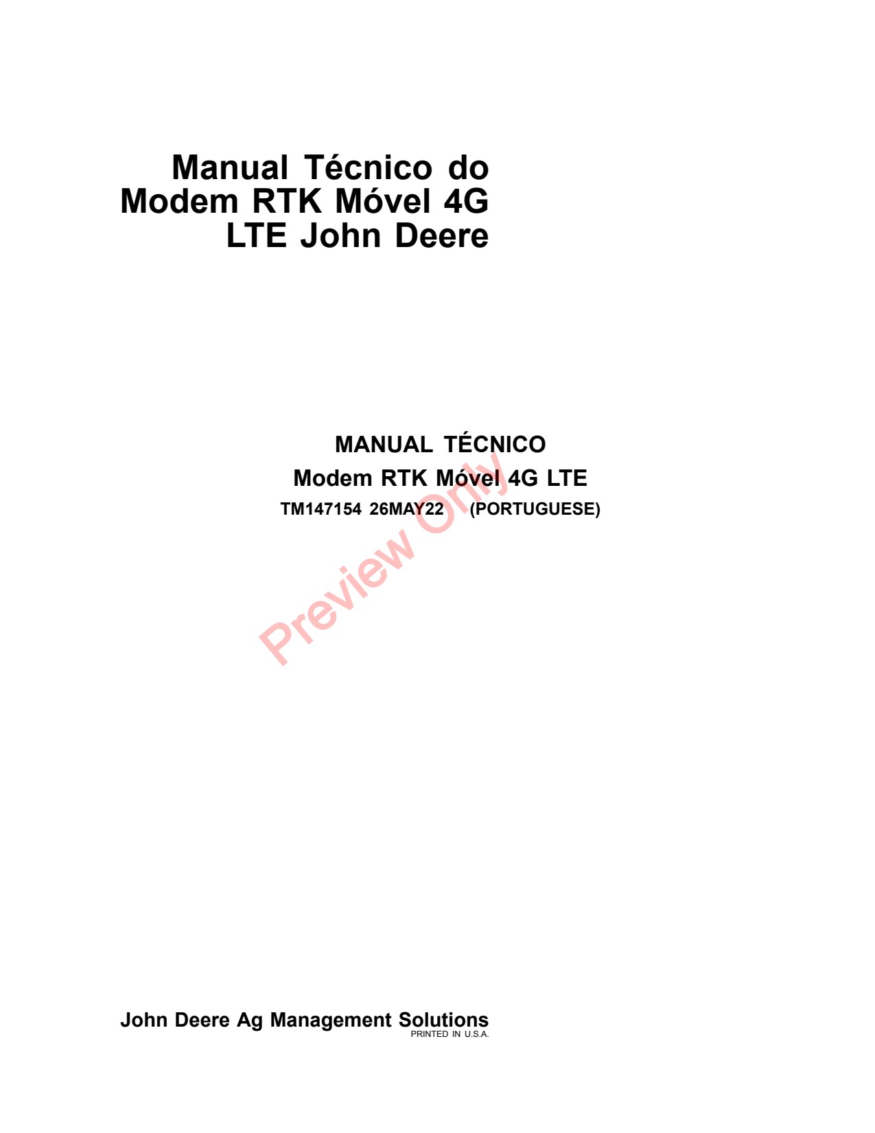 John Deere AMS Mobile RTK Modem 4G LTE Precision Ag Electronics Technical Manual TM147154 PT 1 John Deere AMS Mobile RTK Modem 4G LTE Precision Ag Electronics Technical Manual TM147154 PT