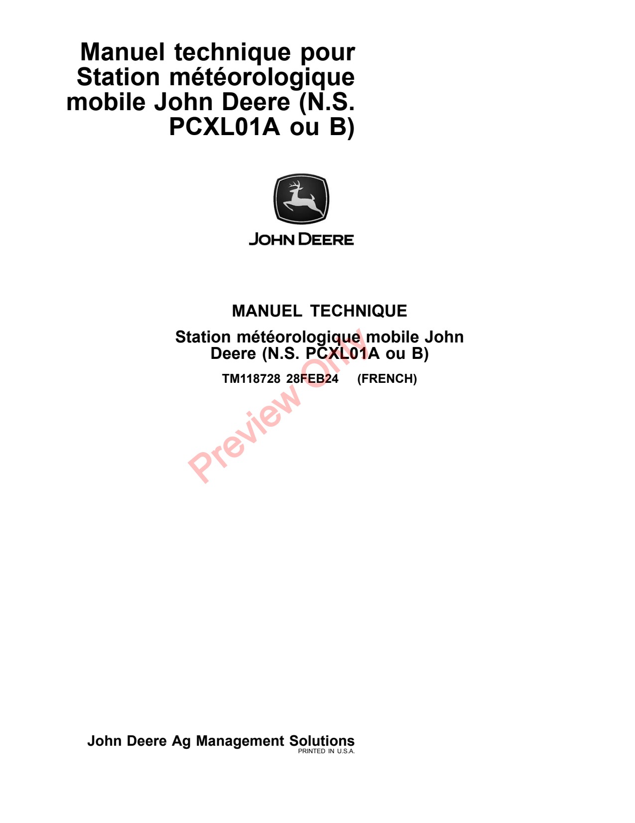 John Deere AMS Mobile Weather PCXL01A Precision Ag Electronics Technical Manual TM118728 FR 1 John Deere AMS Mobile Weather PCXL01A Precision Ag Electronics Technical Manual TM118728 FR