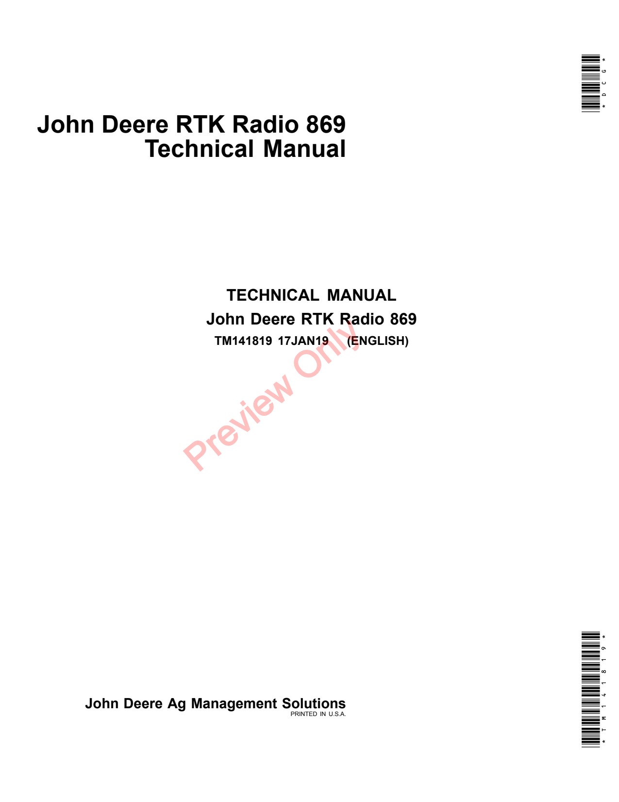 John Deere AMS RTK Radio 869 Precision Ag Electronics Technical Manual TM141819 1 John Deere AMS RTK Radio 869 Precision Ag Electronics Technical Manual TM141819