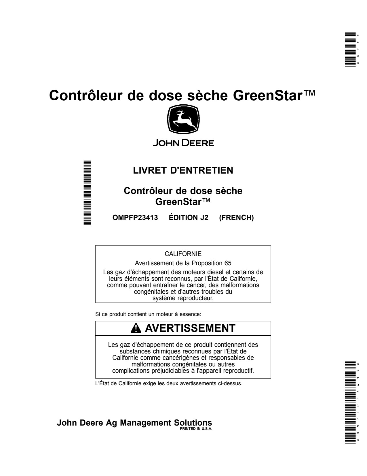 John Deere AMS Rate Control Dry AT Integrated GreenStar Precision Ag Electronics Operator Manual OMPFP23413 FR 1 John Deere AMS Rate Control Dry AT Integrated GreenStar Precision Ag Electronics Operator Manual OMPFP23413 FR
