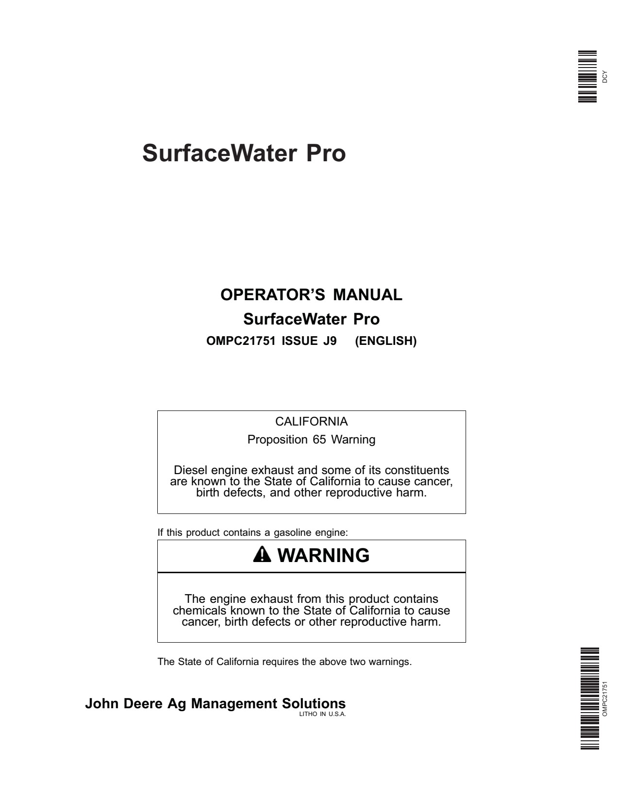 John Deere AMS Surface Water Pro GS2 2600 Monitor Display System Operator Manual OMPC21751 1 John Deere AMS Surface Water Pro GS2 2600 Monitor Display System Operator Manual OMPC21751