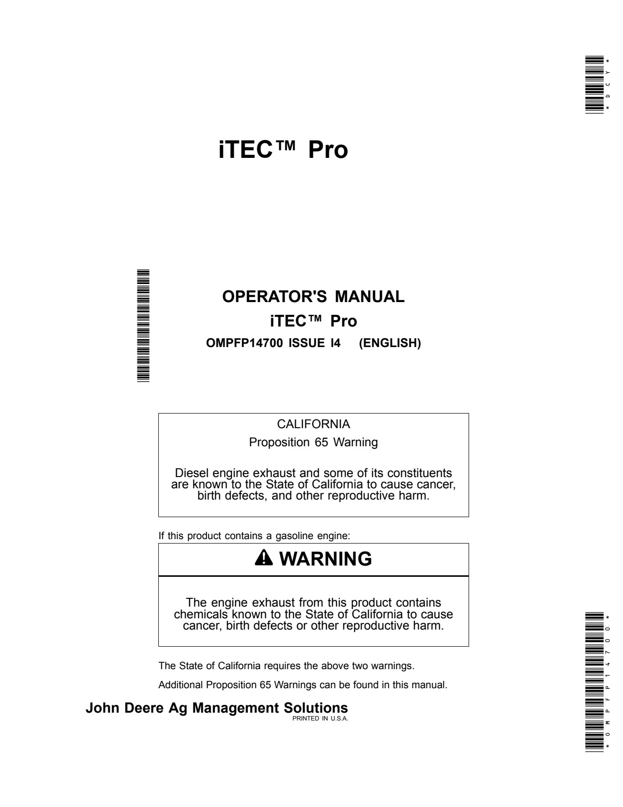 John Deere AMS iTEC Pro 2600 GreenStar 3 2630 Display Precision Ag Electronics Operator Manual OMPFP14700 1 John Deere AMS iTEC Pro 2600 GreenStar 3 2630 Display Precision Ag Electronics Operator Manual OMPFP14700