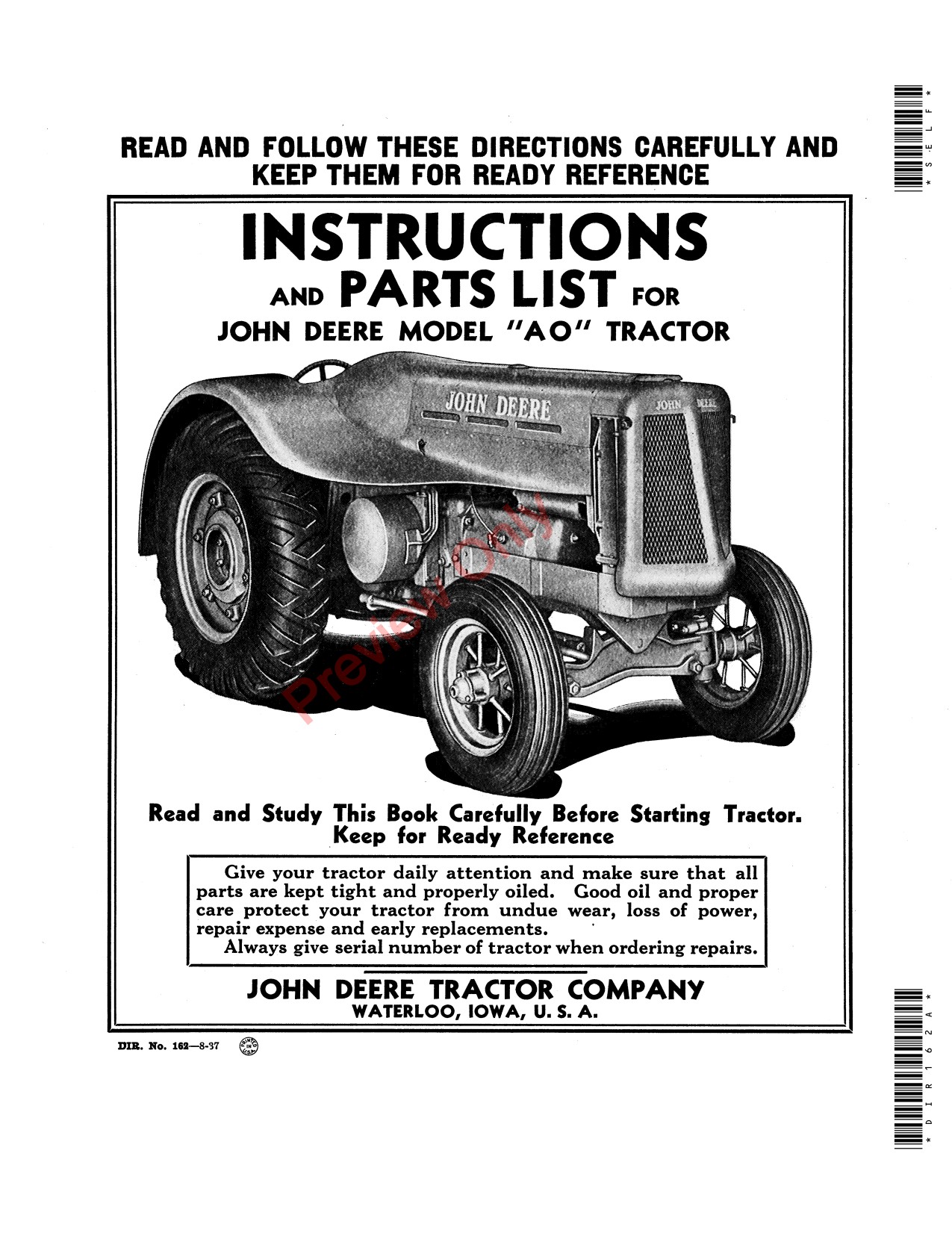 John Deere AO AOX Tractor Parts Catalog DIR162A 1 John Deere AO AOX Tractor Parts Catalog DIR162A