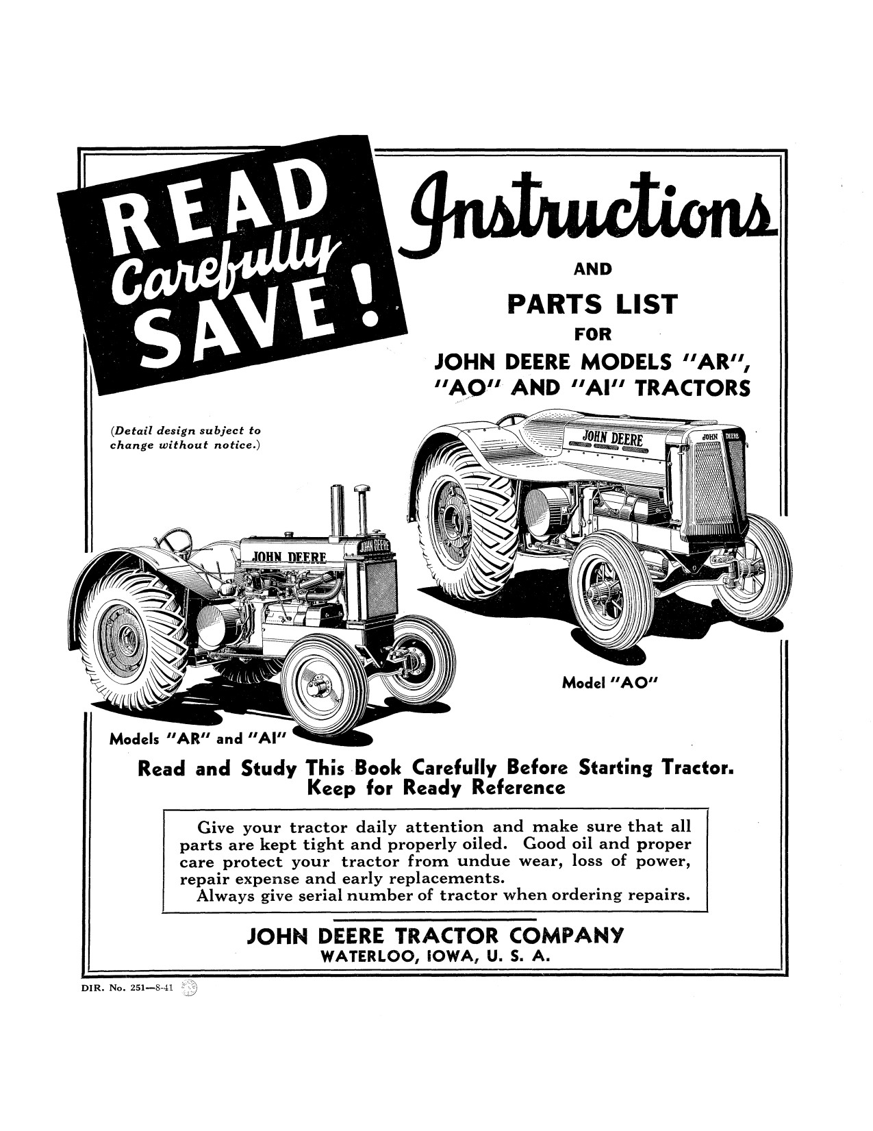 John Deere AO AR 271 999 Tractor Operator Manual DIR251A 1 John Deere AO AR 271 999 Tractor Operator Manual DIR251A