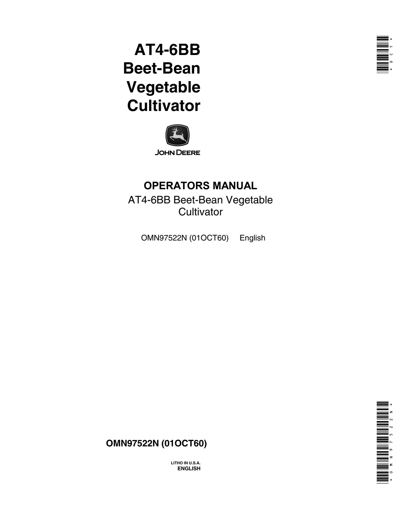 John Deere AT4-6BB Beet-bean Vegetable Cultivator Operator Manual OMN97522N 1 John Deere AT4-6BB Beet-bean Vegetable Cultivator Operator Manual OMN97522N