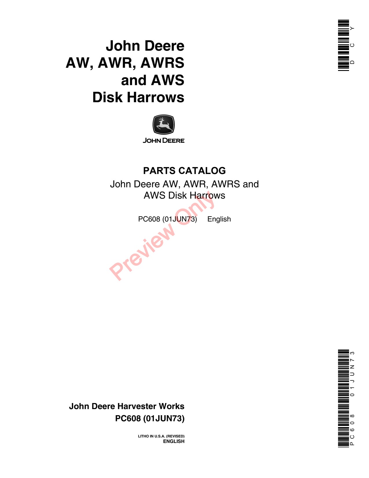 John Deere AW AWR AWRS AWS Disk Harrow Parts Catalog PC608 1 John Deere AW AWR AWRS AWS Disk Harrow Parts Catalog PC608