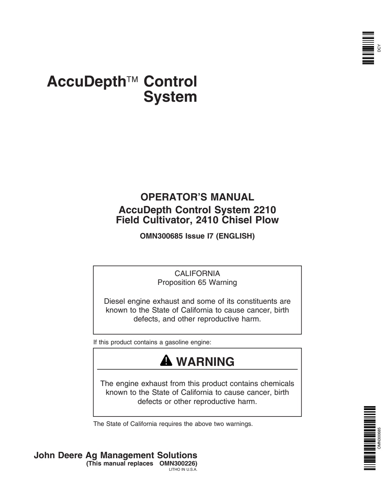 John Deere AccuDepth Control System 2210 2410 Field Cultivator Operator Manual OMN300685 1 John Deere AccuDepth Control System 2210 2410 Field Cultivator Operator Manual OMN300685