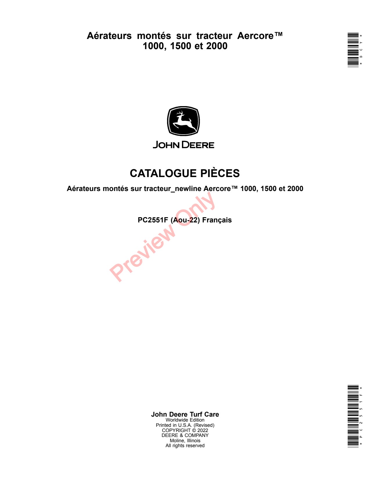John Deere Aercore 1000 to 2000 Tractor-mounted Aerator Parts Catalog PC2551F FR 1 John Deere Aercore 1000 to 2000 Tractor-mounted Aerator Parts Catalog PC2551F FR