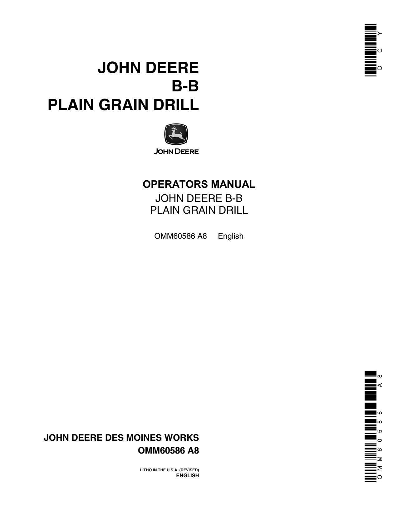 John Deere B-B B206B B246B Plain Grain Drill Operator Manual OMM60586 1 John Deere B-B B206B B246B Plain Grain Drill Operator Manual OMM60586