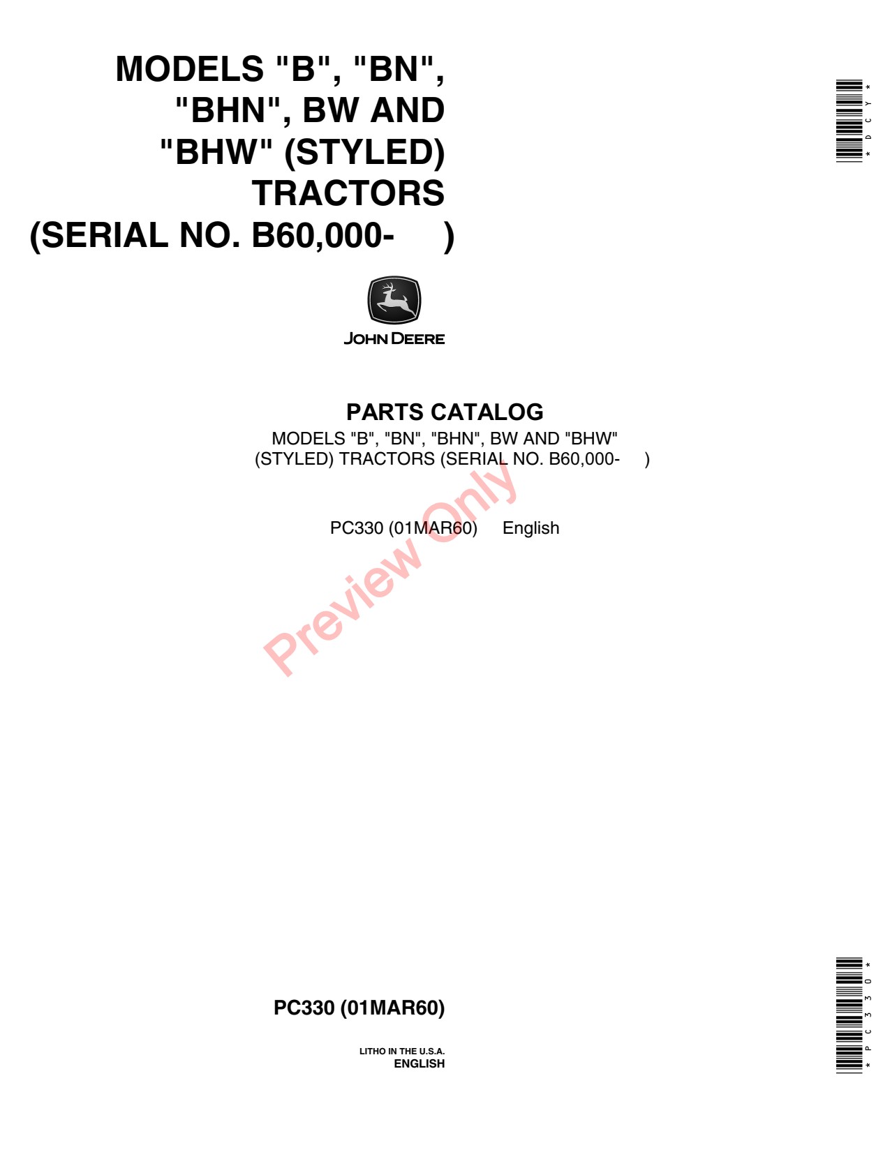 John Deere B BN BNH BW BWH B60000 Tractor Parts Catalog PC330 1 John Deere B BN BNH BW BWH B60000 Tractor Parts Catalog PC330