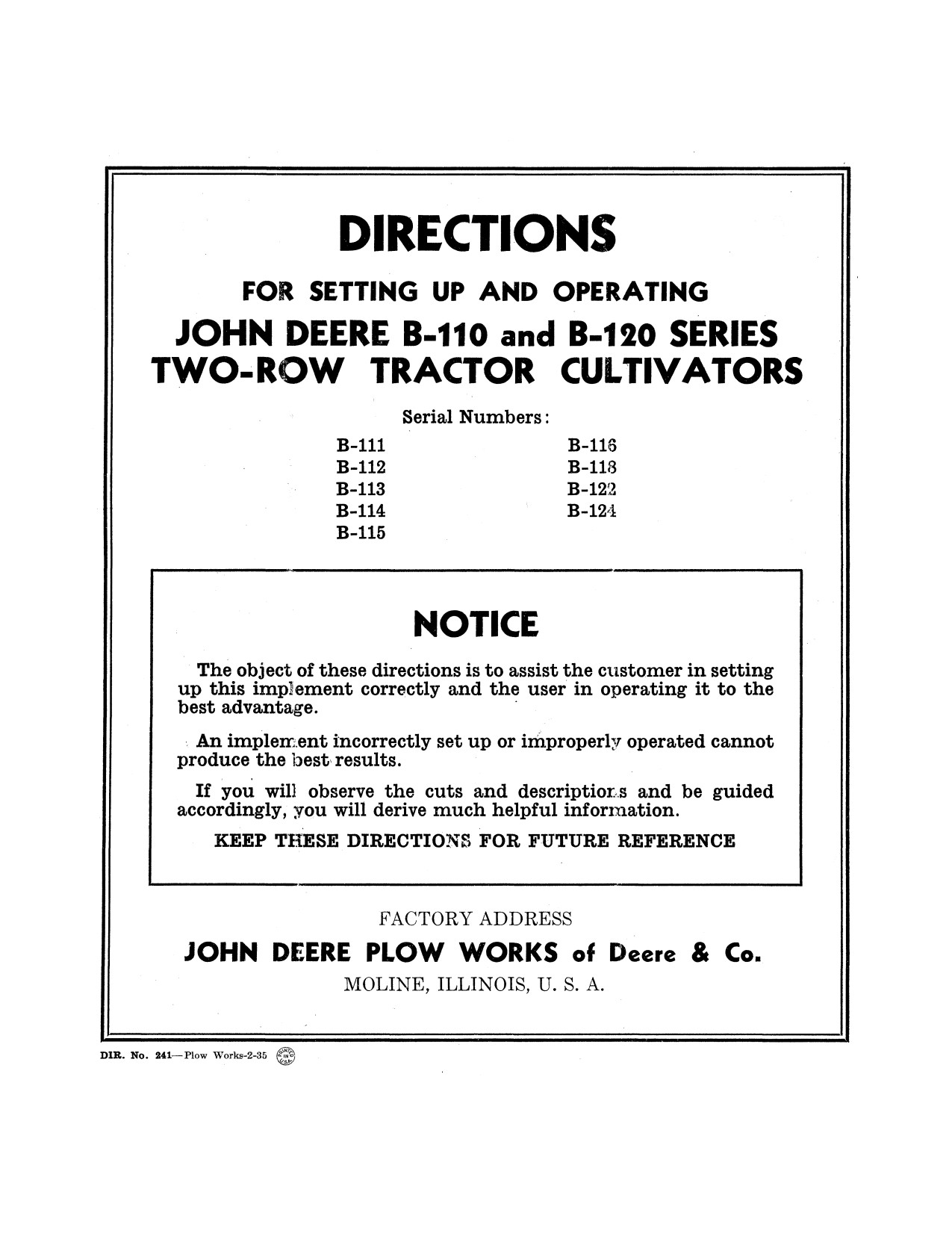 John Deere B110 B120 Two-row Tractor Cultivator Operator Manual DIR241 1 John Deere B110 B120 Two-row Tractor Cultivator Operator Manual DIR241