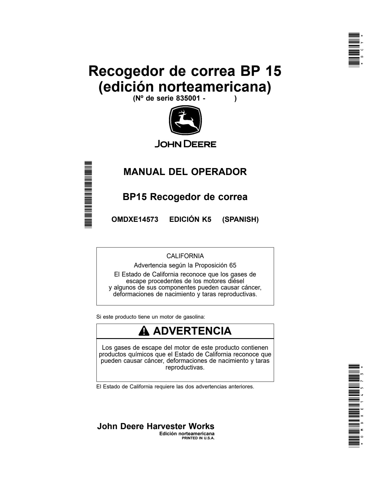 John Deere BP15 15 Belt Pickup Operator Manual OMDXE14573 ES 1 John Deere BP15 15 Belt Pickup Operator Manual OMDXE14573 ES