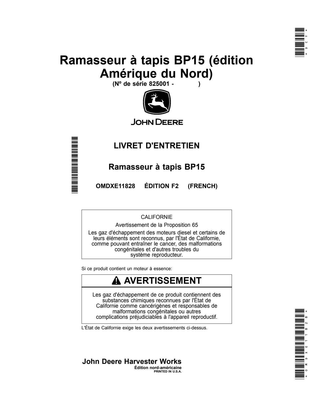 John Deere BP15 Belt Pickup Operator Manual OMDXE11828 FR 1 John Deere BP15 Belt Pickup Operator Manual OMDXE11828 FR