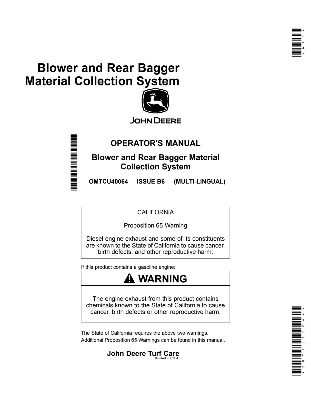 John Deere Blowers MCS Rear Bagger Material Collection System Operator Manual OMTCU40064 1 John Deere Blowers MCS Rear Bagger Material Collection System Operator Manual OMTCU40064