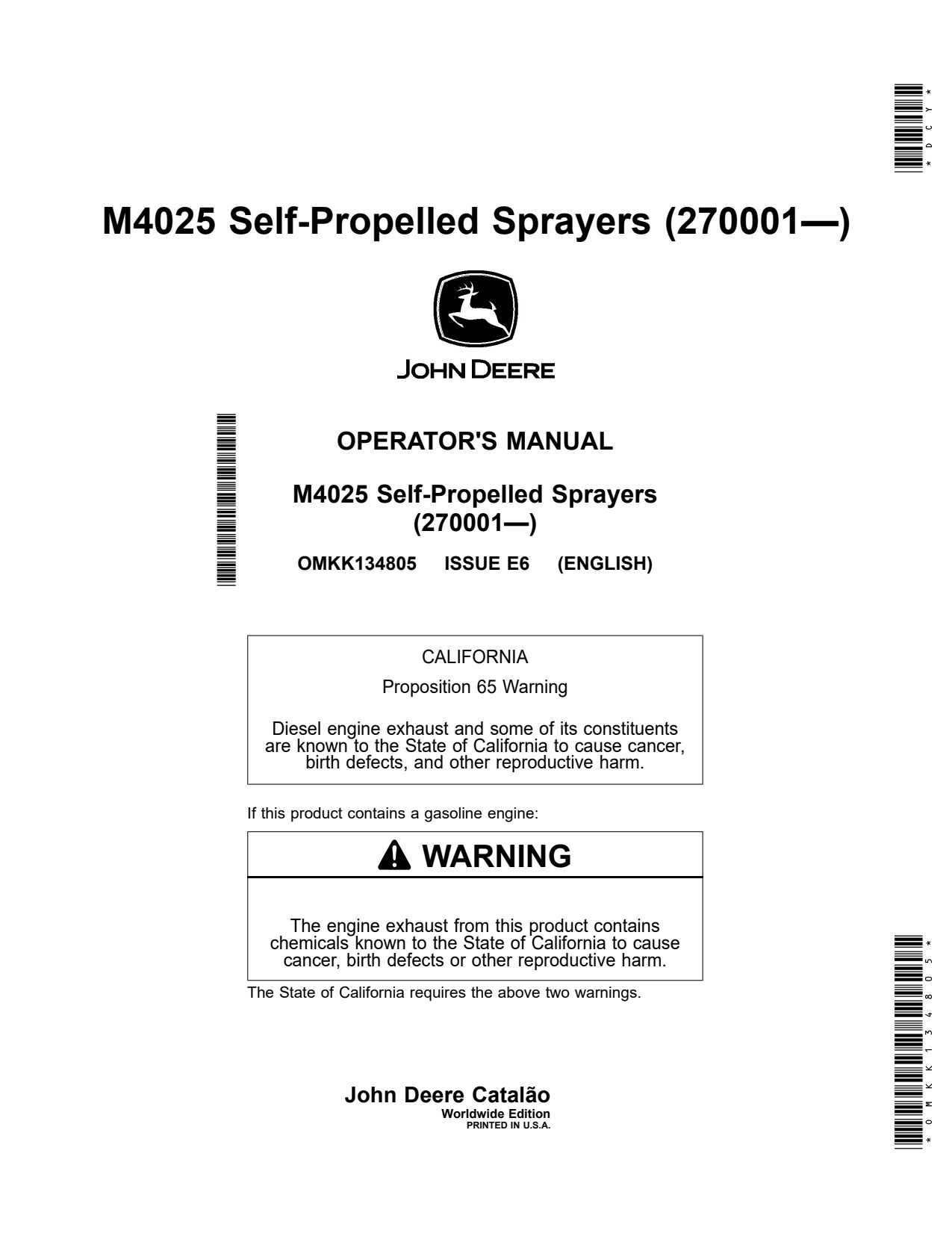 John Deere Boom M4025 Self-Propelled Sprayer Operator Manual OMKK134805 1 John Deere Boom M4025 Self-Propelled Sprayer Operator Manual OMKK134805