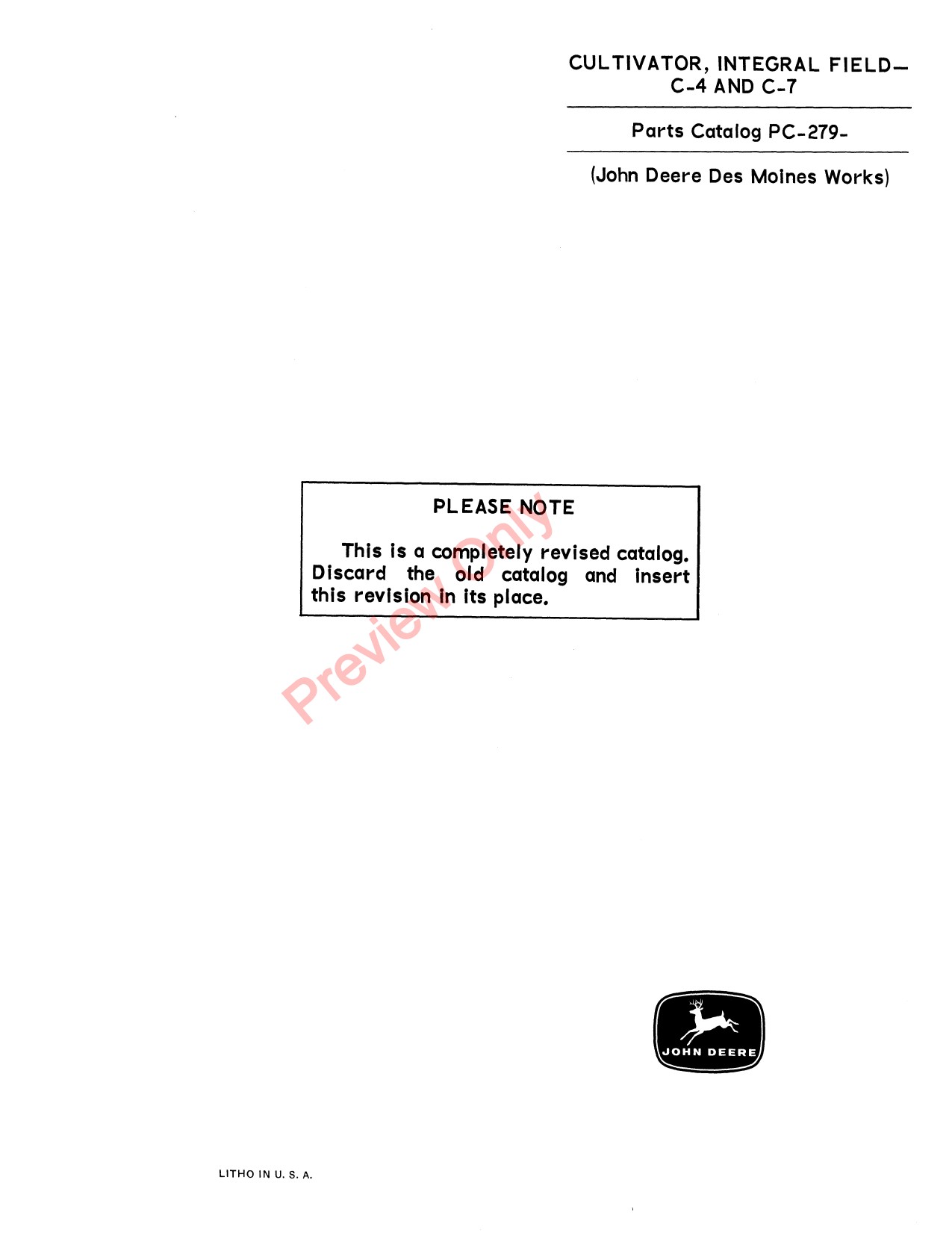 John Deere C-4 C-7 Integral Field Cultivator Parts Catalog PC279 1 John Deere C-4 C-7 Integral Field Cultivator Parts Catalog PC279
