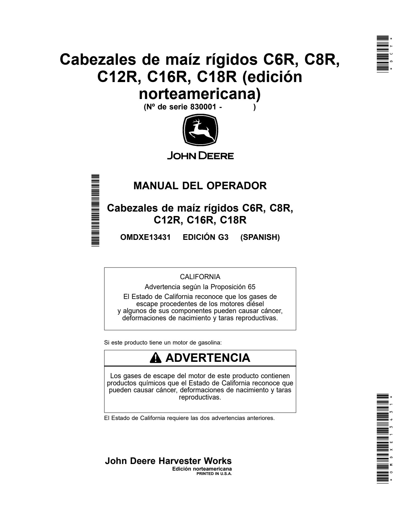 John Deere C12R C16R C18R C8R C6R Rigid Corn Head Operator Manual OMDXE13431 ES 1 John Deere C12R C16R C18R C8R C6R Rigid Corn Head Operator Manual OMDXE13431 ES