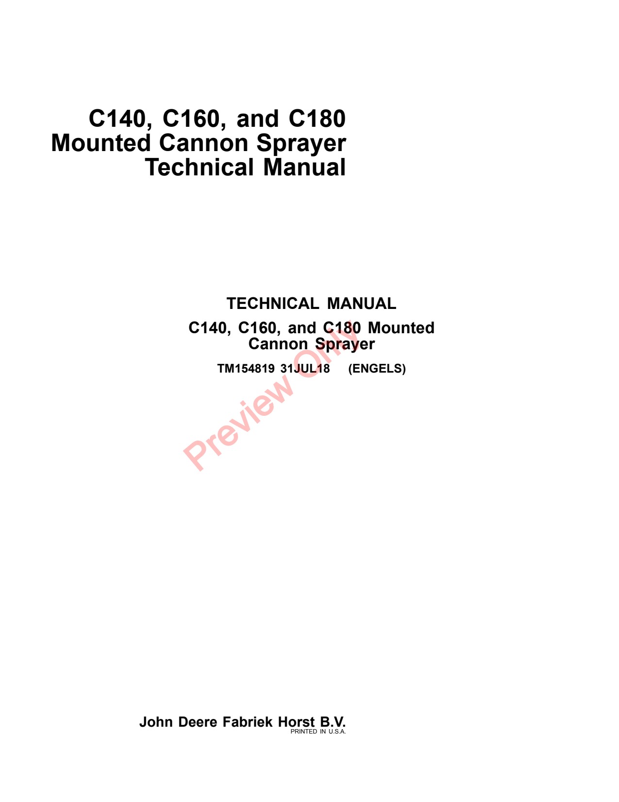 John Deere C140 to C180 Mounted Cannon Sprayer Technical Manual TM154819 1 John Deere C140 to C180 Mounted Cannon Sprayer Technical Manual TM154819