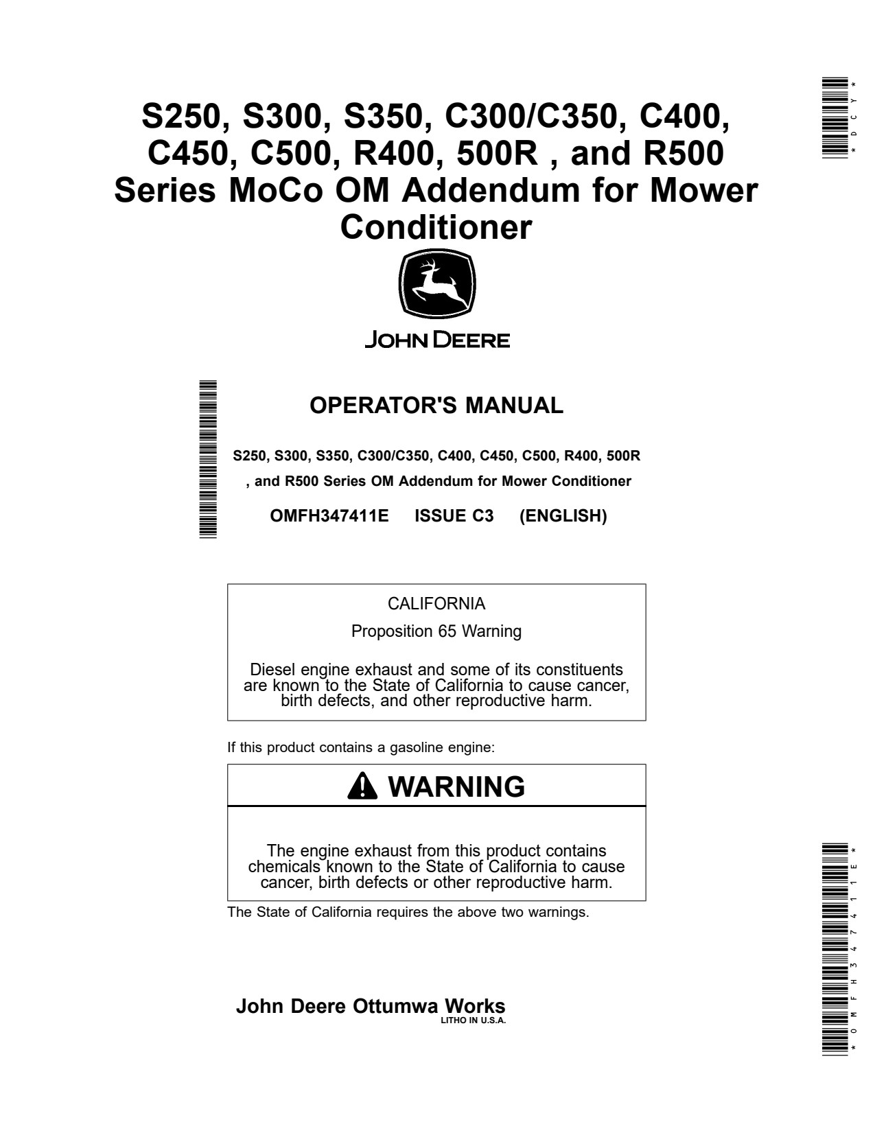 John Deere C450 C350 R400 500R R500 S300 S250 S350 C500 C400 C300 Mower Operator Manual OMFH347411E 1 John Deere C450 C350 R400 500R R500 S300 S250 S350 C500 C400 C300 Mower Operator Manual OMFH347411E