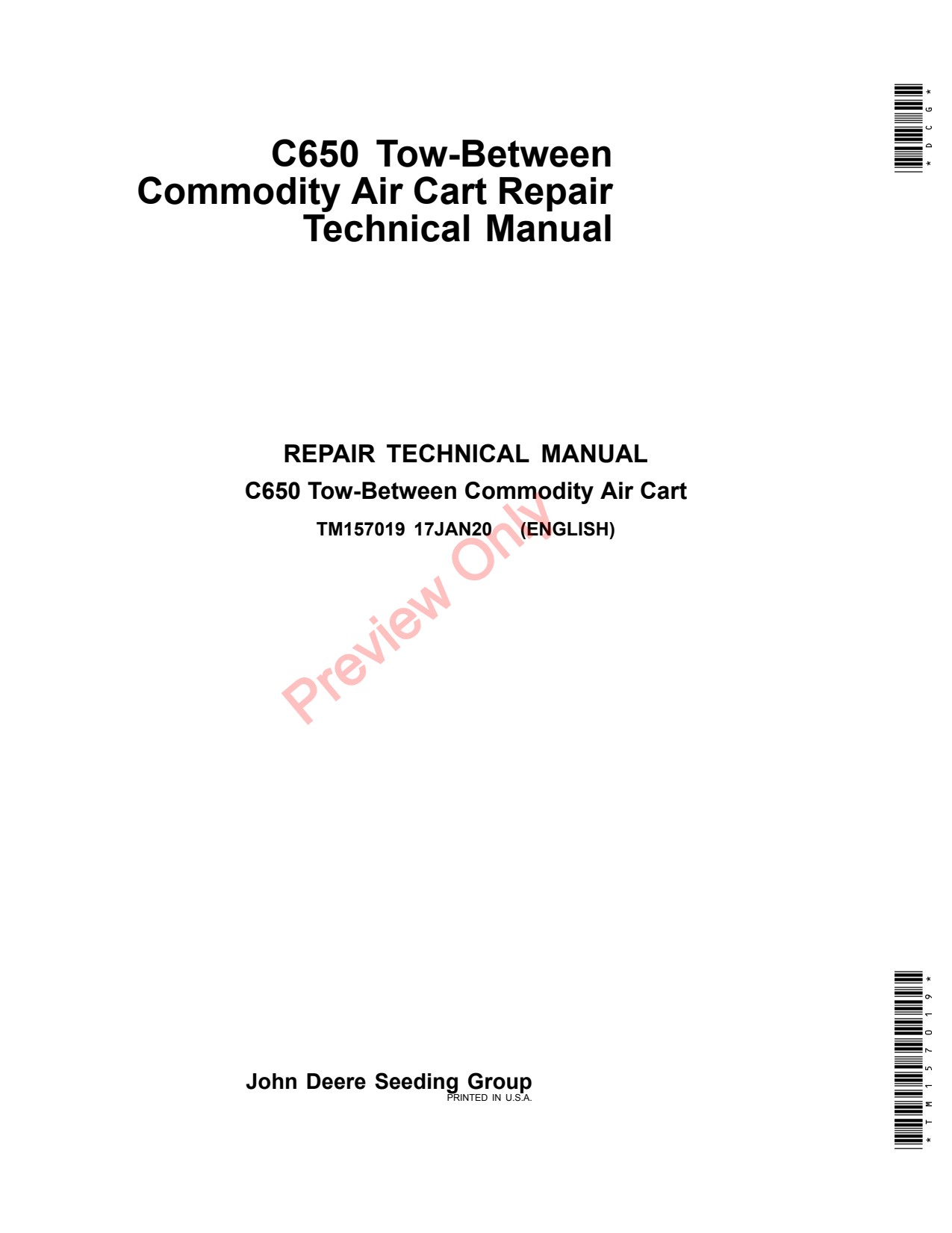 John Deere C650 Commodity Air Cart Repair Diagnostic Technical Manual TM157019 1 John Deere C650 Commodity Air Cart Repair Diagnostic Technical Manual TM157019