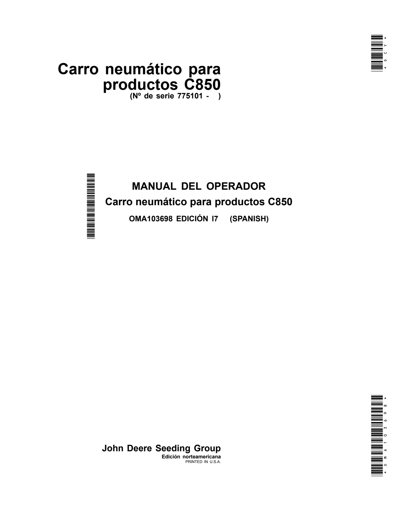 John Deere C850 Commodity Air Cart Operator Manual OMA103698 ES 1 John Deere C850 Commodity Air Cart Operator Manual OMA103698 ES