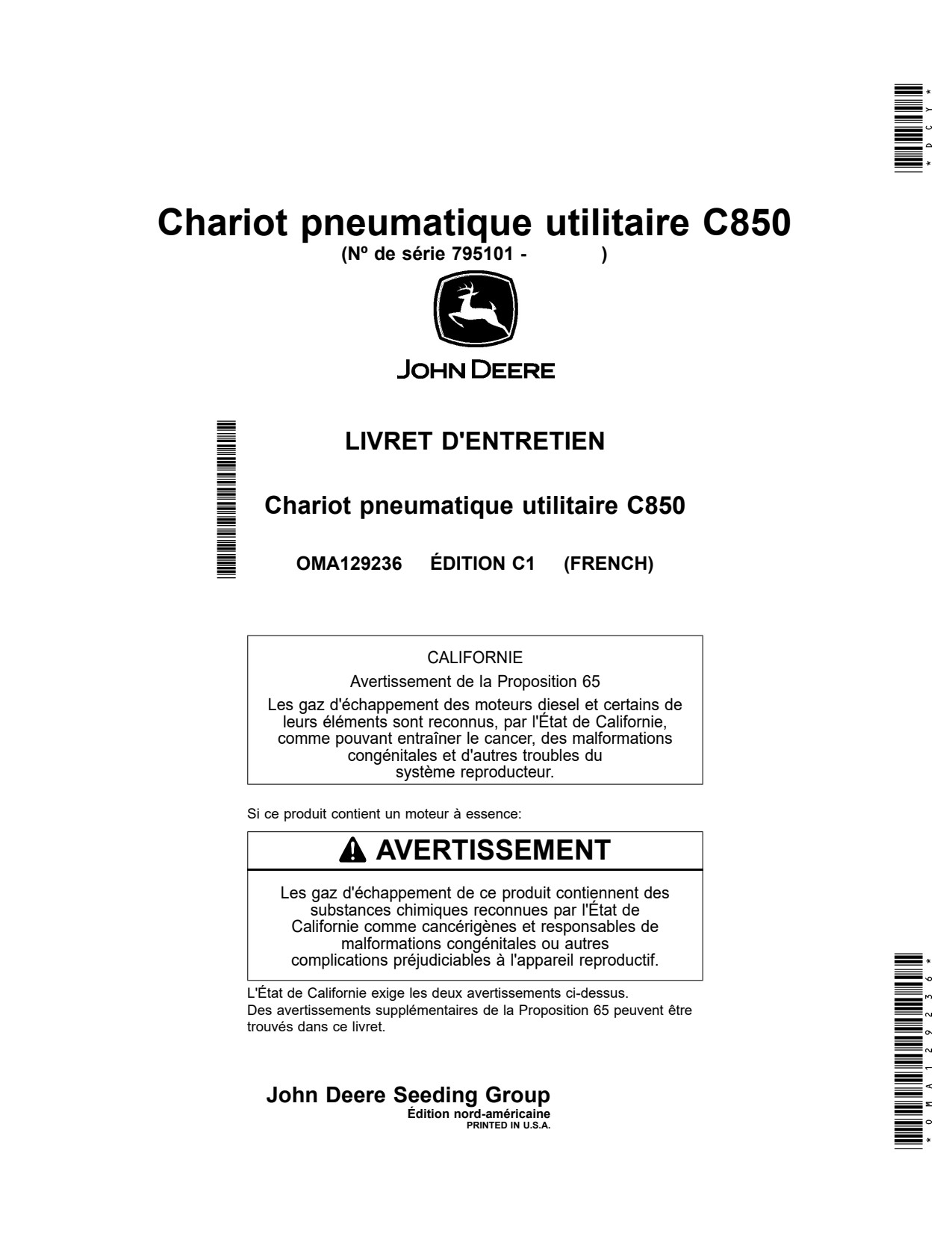 John Deere C850 Commodity Air Cart Operator Manual OMA129236 FR 1 John Deere C850 Commodity Air Cart Operator Manual OMA129236 FR