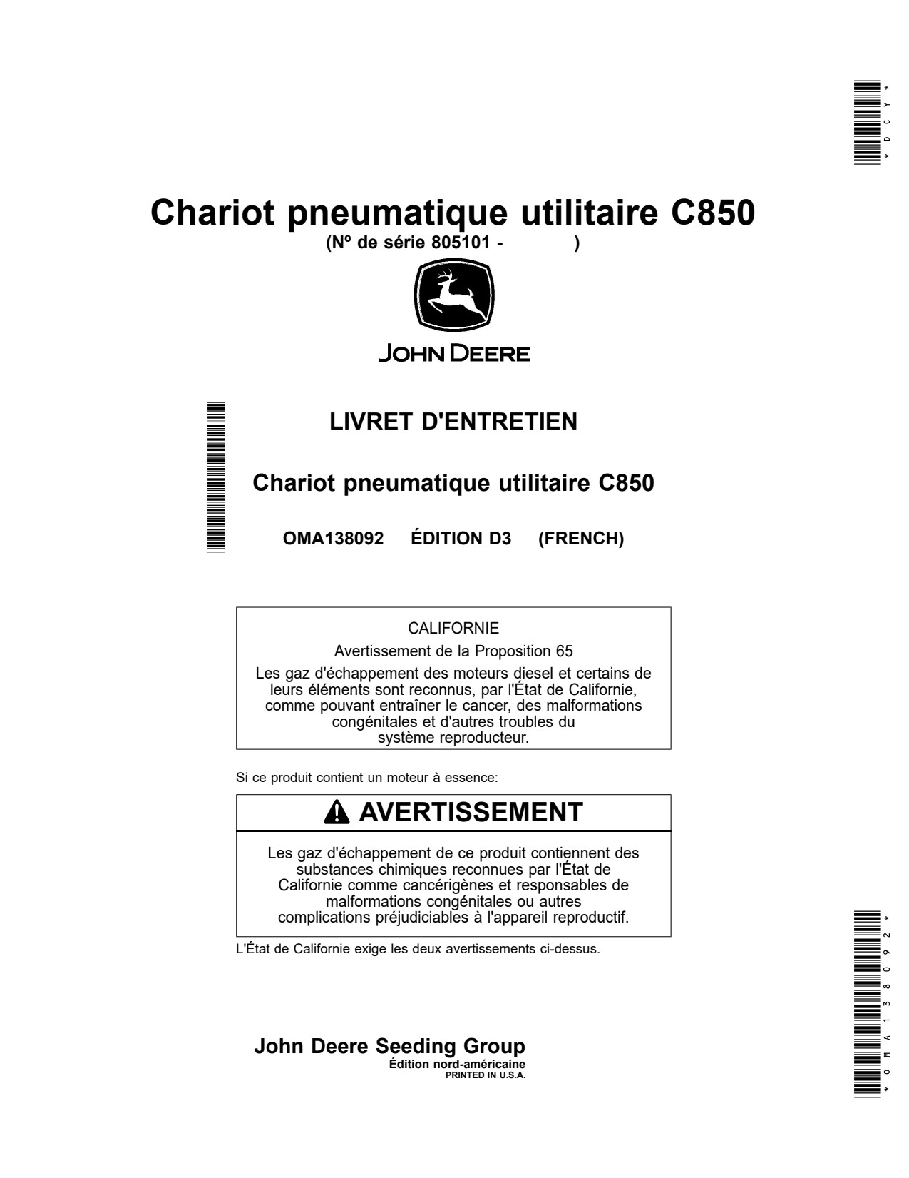 John Deere C850 Commodity Air Cart Operator Manual OMA138092 FR 1 John Deere C850 Commodity Air Cart Operator Manual OMA138092 FR