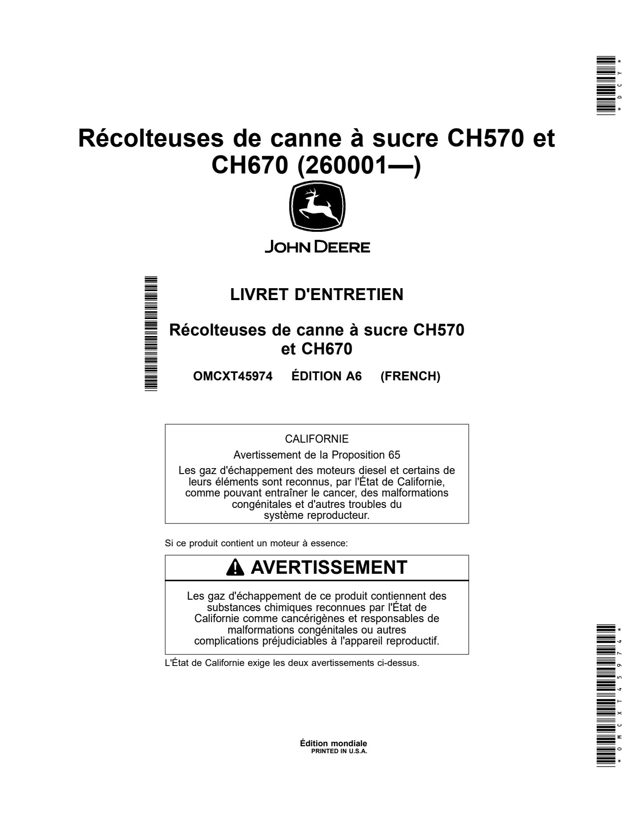 John Deere CH570 CH670 Sugar Cane Harvester Operator Manual OMCXT45974 FR 1 John Deere CH570 CH670 Sugar Cane Harvester Operator Manual OMCXT45974 FR