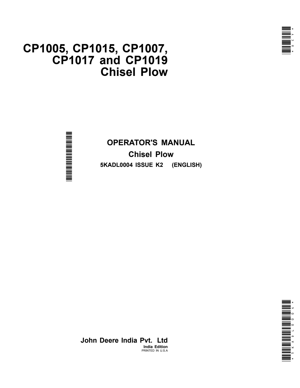 John Deere CP1007 CP1017 CP1005 CP1015 CP1019 Chisel Plow Operator Manual 5KADL0004 1 John Deere CP1007 CP1017 CP1005 CP1015 CP1019 Chisel Plow Operator Manual 5KADL0004