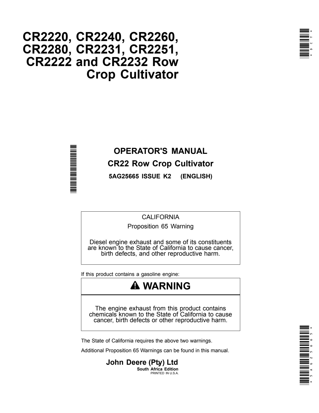 John Deere CR2220 to CR2280 CR2231 CR2251 CR2222 CR2232 Row Crop Cultivator Operator Manual 5AG25665 1 John Deere CR2220 to CR2280 CR2231 CR2251 CR2222 CR2232 Row Crop Cultivator Operator Manual 5AG25665