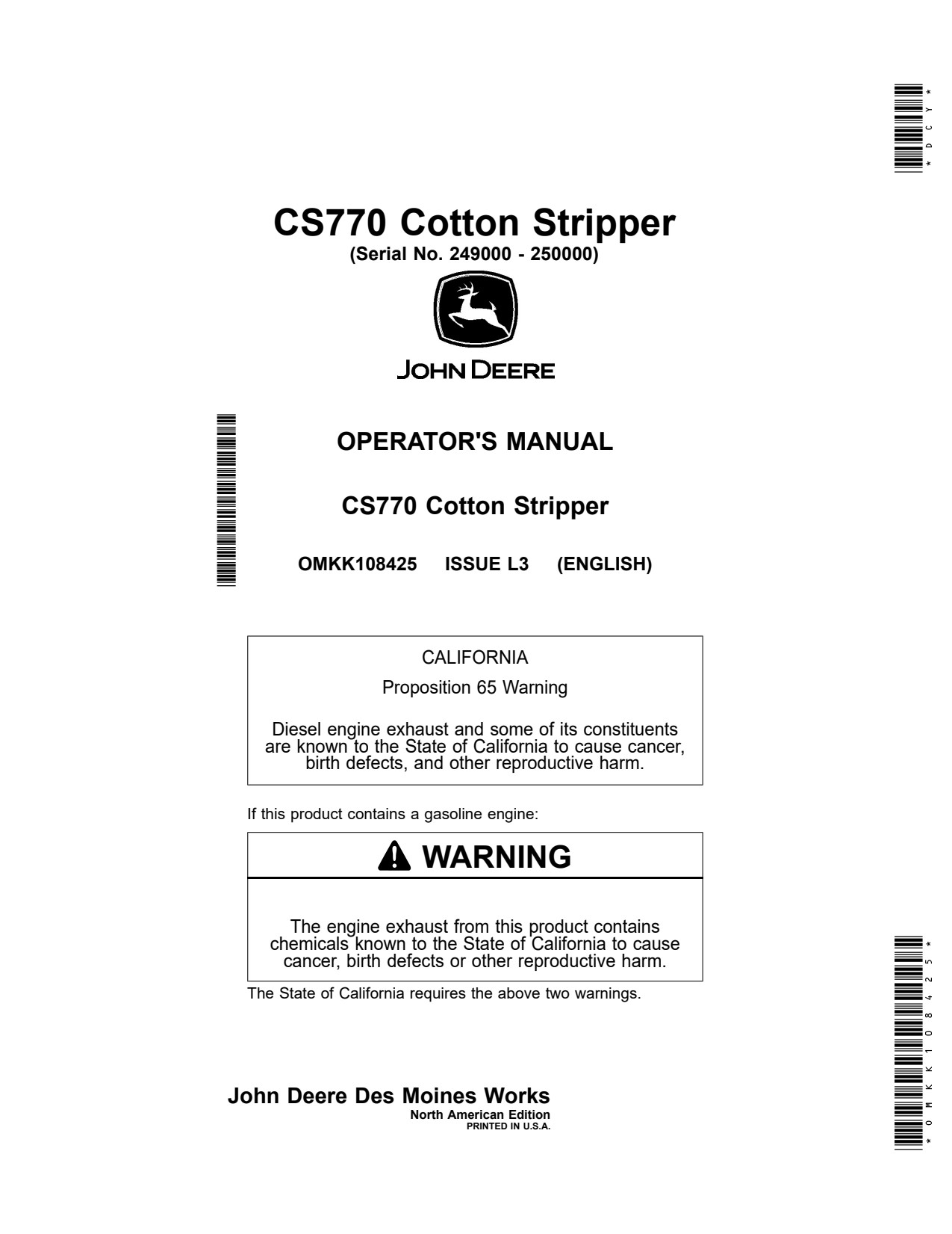 John Deere CS770 Cotton Stripper Operator Manual OMKK108425 1 John Deere CS770 Cotton Stripper Operator Manual OMKK108425