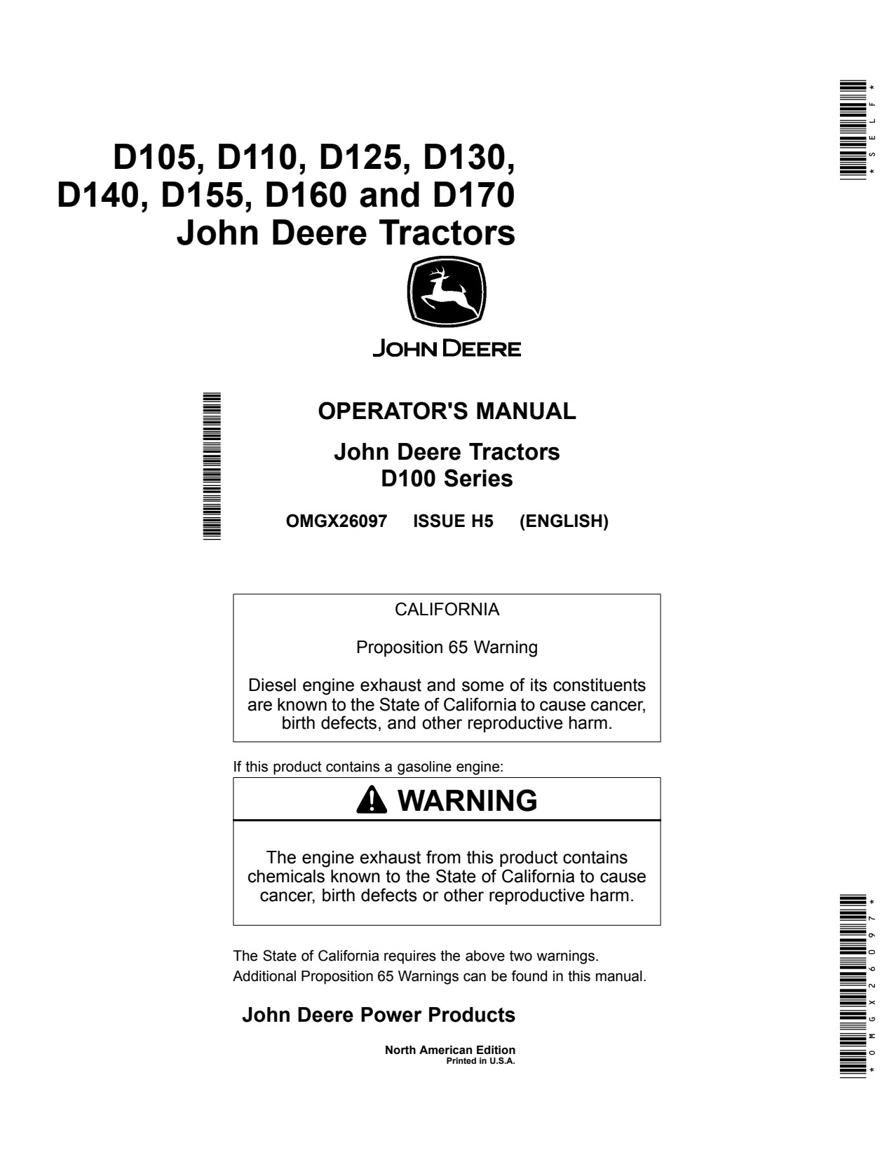 John Deere D105 D125 D130 D140 D155 D160 D170 D110 Tractor Operator Manual OMGX26097 1 John Deere D105 D125 D130 D140 D155 D160 D170 D110 Tractor Operator Manual OMGX26097