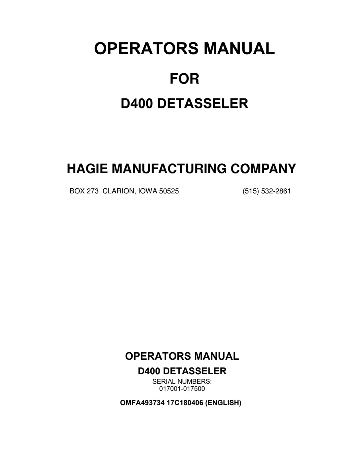 John Deere D400 Detasseler Self-Propelled Sprayer Operator Manual OMFA493734 1 John Deere D400 Detasseler Self-Propelled Sprayer Operator Manual OMFA493734