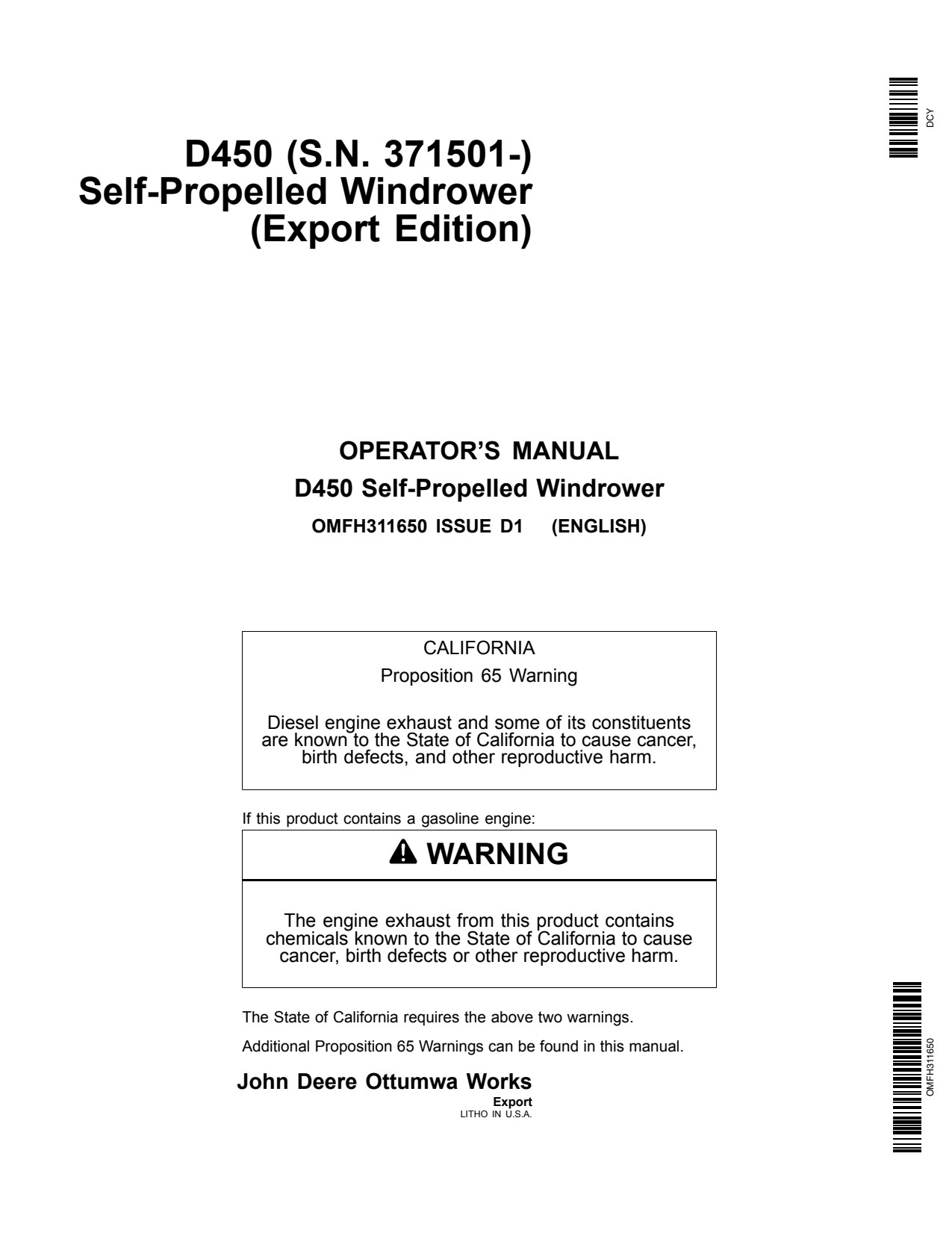 John Deere D450 Self-propelled Windrower Operator Manual OMFH311650 1 John Deere D450 Self-propelled Windrower Operator Manual OMFH311650