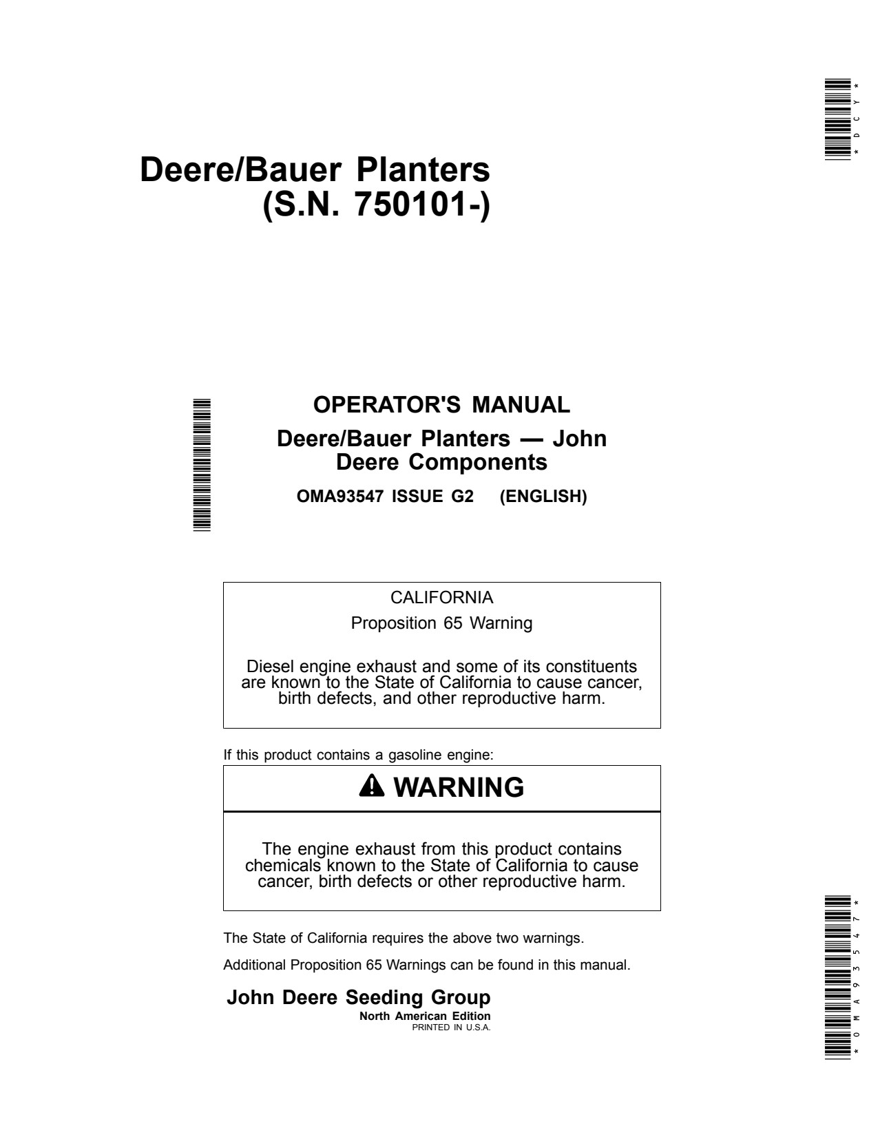 John Deere DB120 DB44 to DB88 DB90 DB60 DB80 DBP44 Bauer Planter Operator Manual OMA93547 1 John Deere DB120 DB44 to DB88 DB90 DB60 DB80 DBP44 Bauer Planter Operator Manual OMA93547