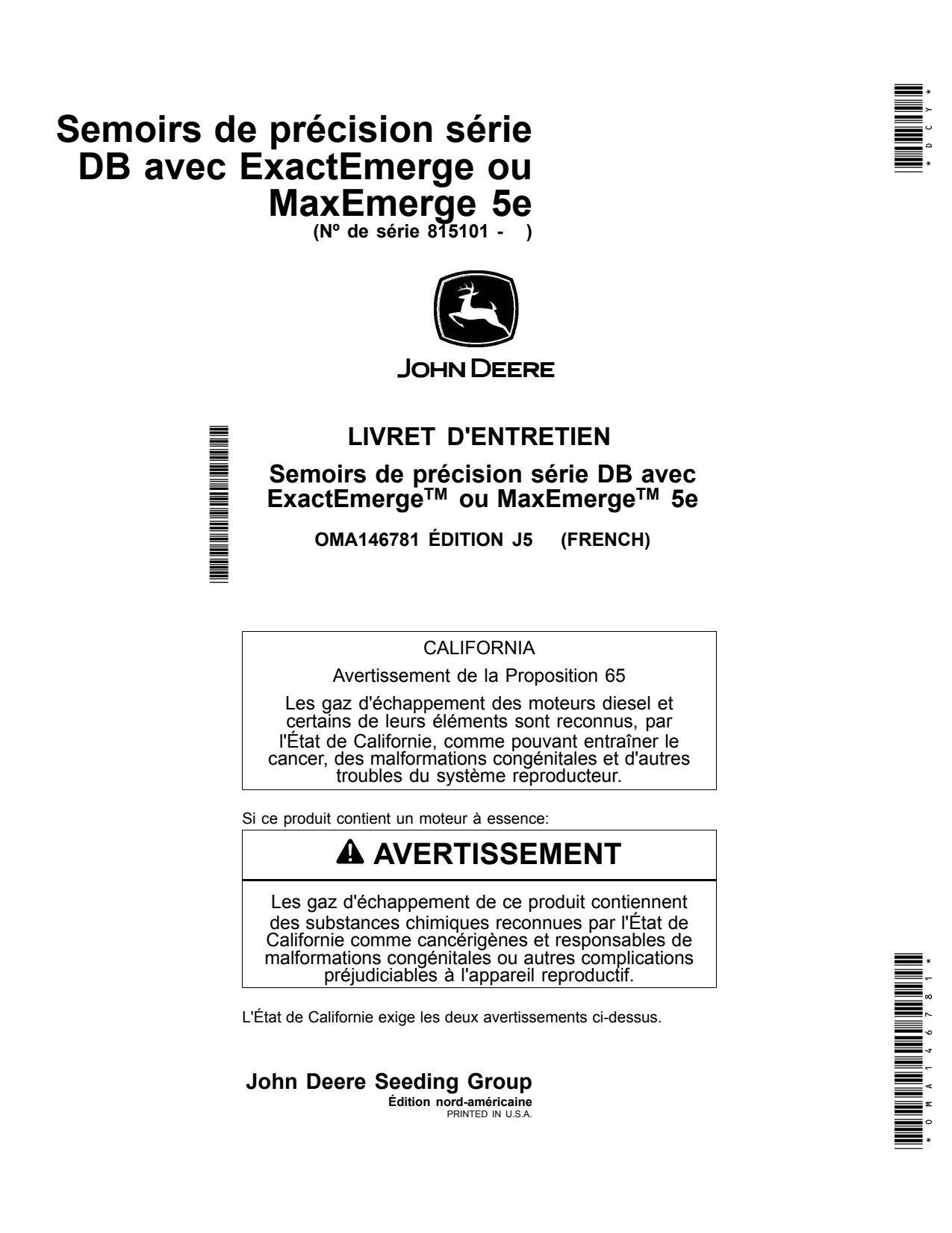 John Deere DB37 DB44 DB60 36 Row 24 DB80 32 48 5E Planter Operator Manual OMA146781 FR 1 John Deere DB37 DB44 DB60 36 Row 24 DB80 32 48 5E Planter Operator Manual OMA146781 FR