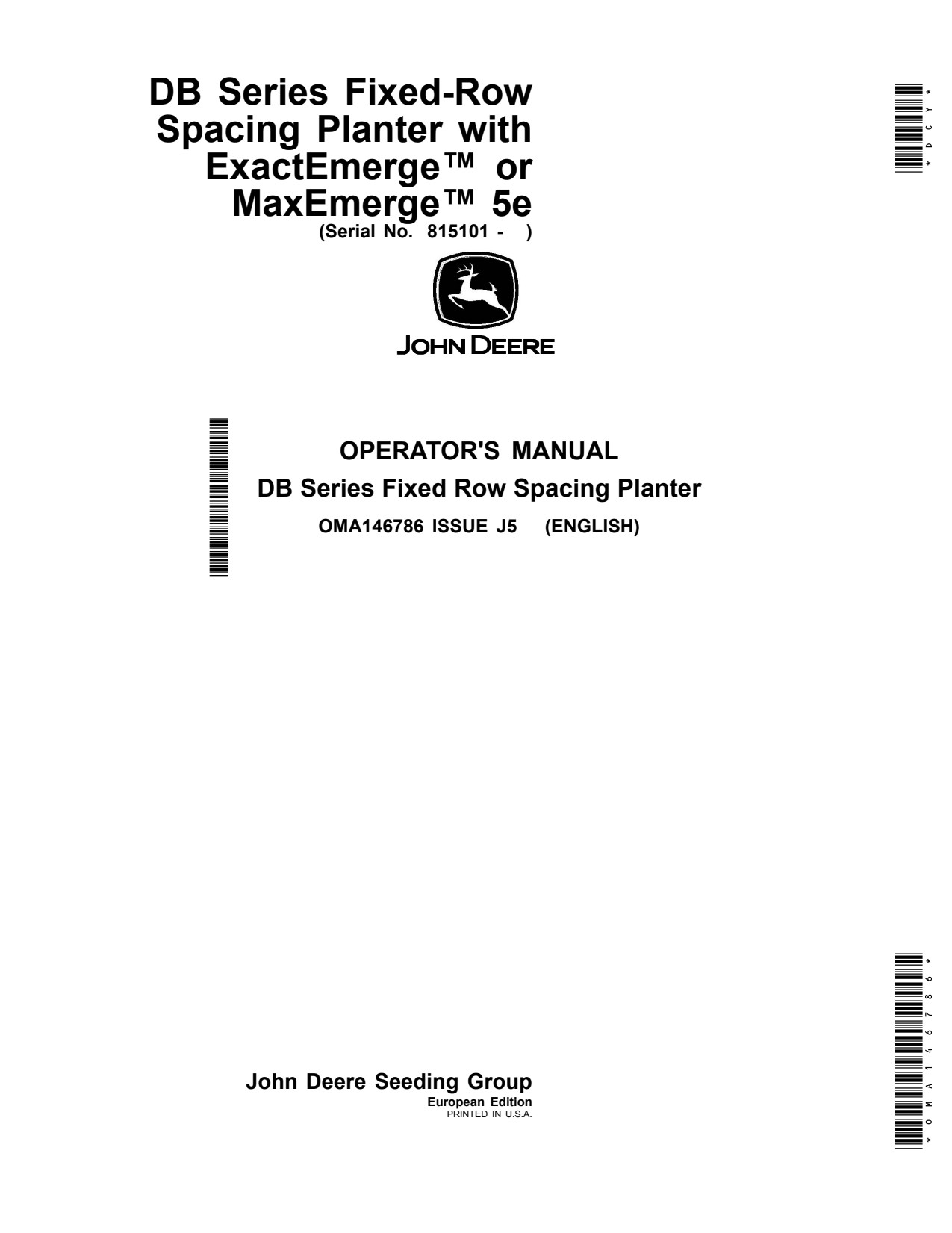 John Deere DB37 DB55 5E Fixed-row Spacing Planter Operator Manual OMA146786 1 John Deere DB37 DB55 5E Fixed-row Spacing Planter Operator Manual OMA146786