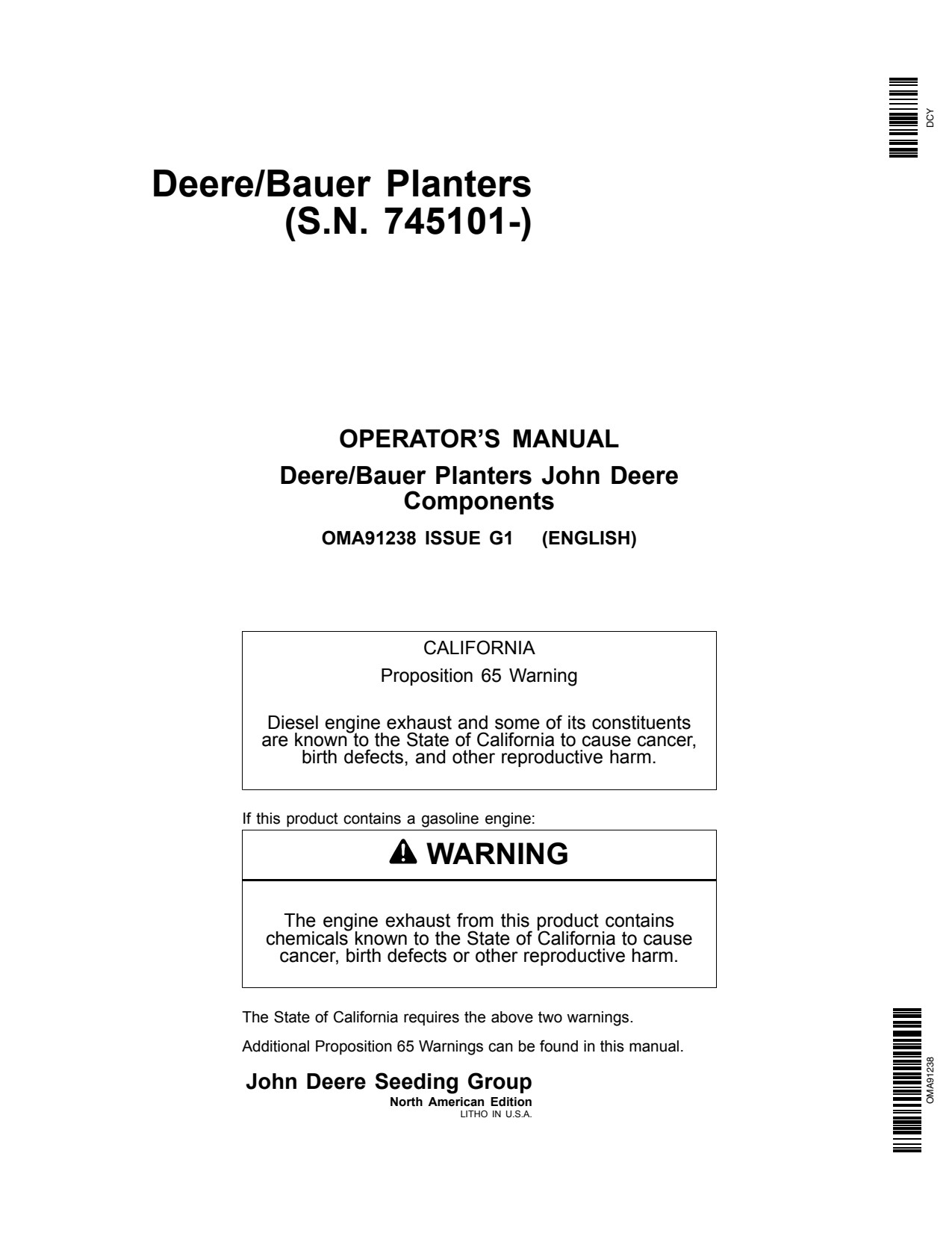 John Deere DB44 DB58 DB60 DB66 DB80 DB88 DB90 DBP44 DB120 Bauer Planter Operator Manual OMA91238 1 John Deere DB44 DB58 DB60 DB66 DB80 DB88 DB90 DBP44 DB120 Bauer Planter Operator Manual OMA91238