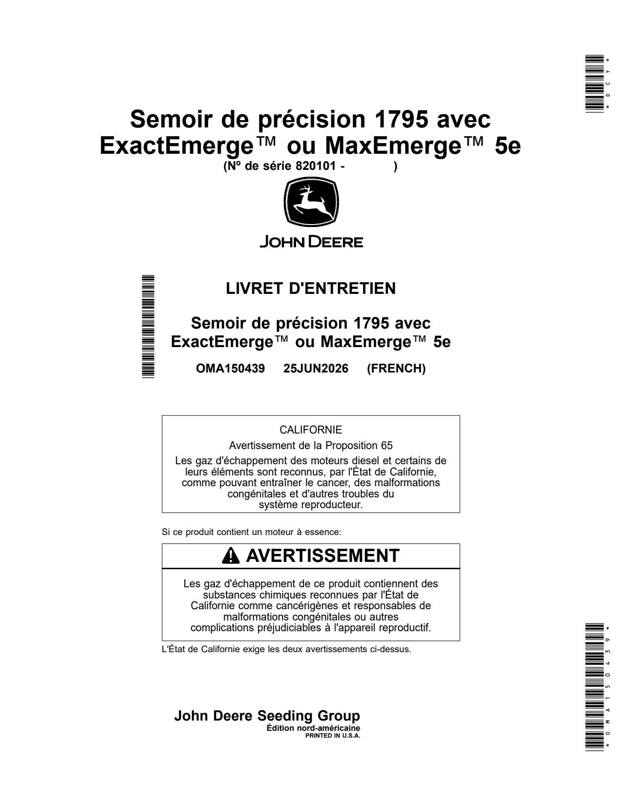 John Deere DB44 DB66 DB60 DB88 1795 5E Bauer Planter Operator Manual OMA150439 FR 1 John Deere DB44 DB66 DB60 DB88 1795 5E Bauer Planter Operator Manual OMA150439 FR