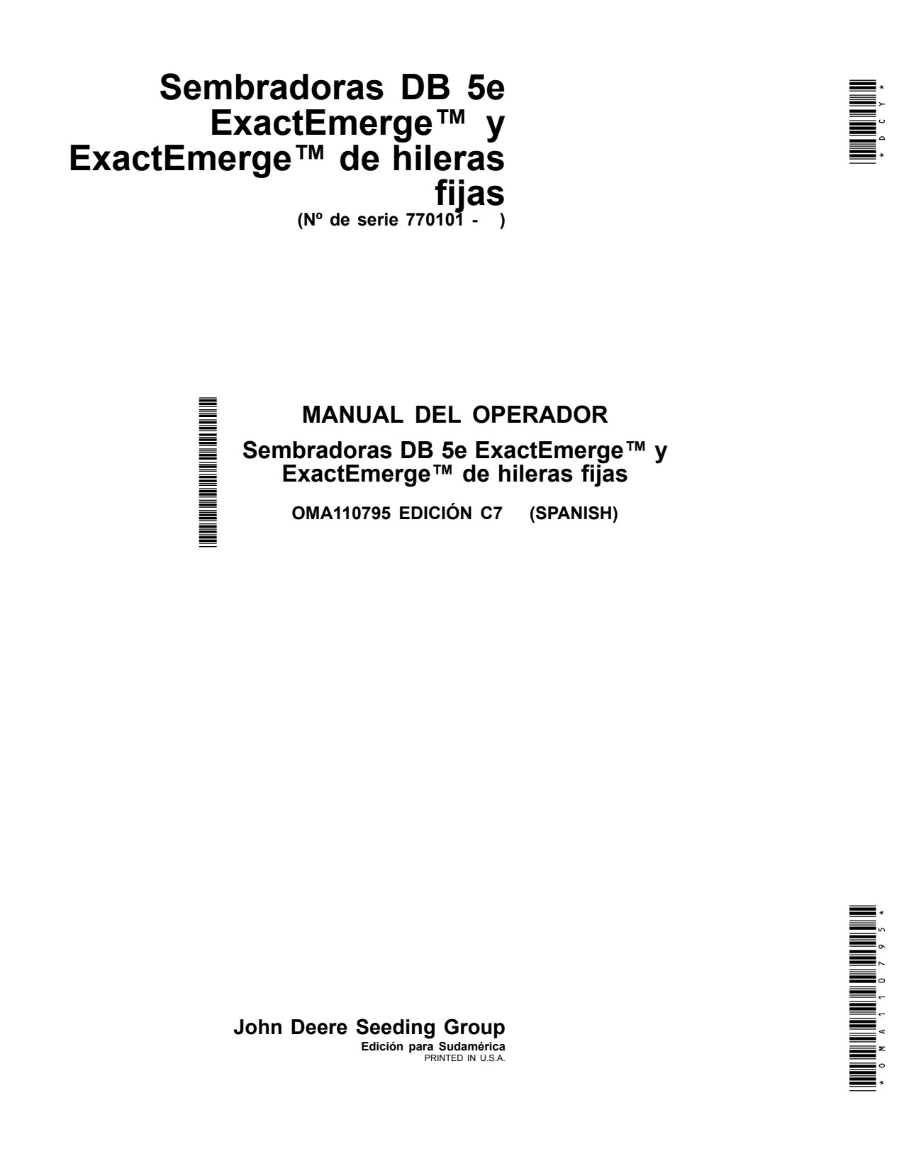 John Deere DB60 36 Row 47 5E Planter Operator Manual OMA110795 ES 1 John Deere DB60 36 Row 47 5E Planter Operator Manual OMA110795 ES