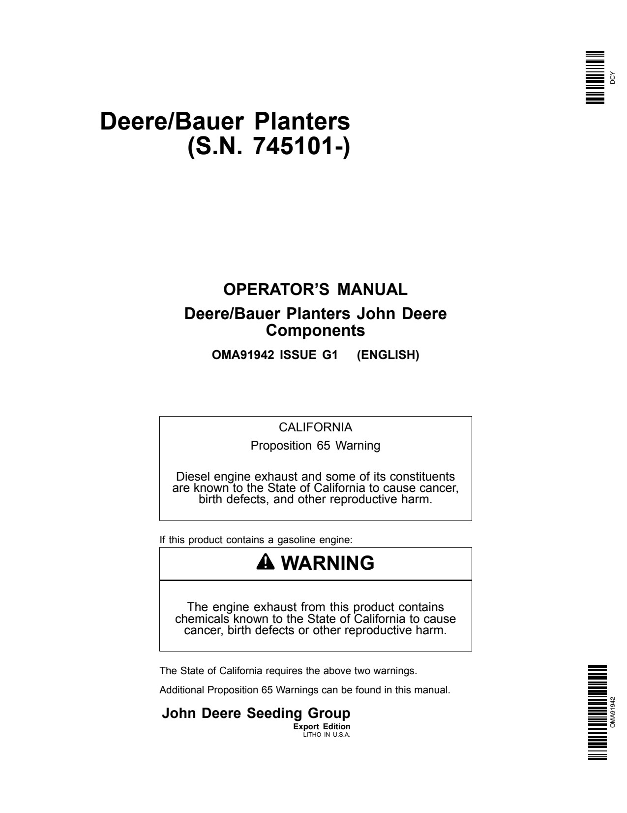 John Deere DB60 DB44 DB58 DB66 DB90 DB88 DB80 DB120 DBP120 DBP44 Bauer Planter Operator Manual OMA91942 1 John Deere DB60 DB44 DB58 DB66 DB90 DB88 DB80 DB120 DBP120 DBP44 Bauer Planter Operator Manual OMA91942