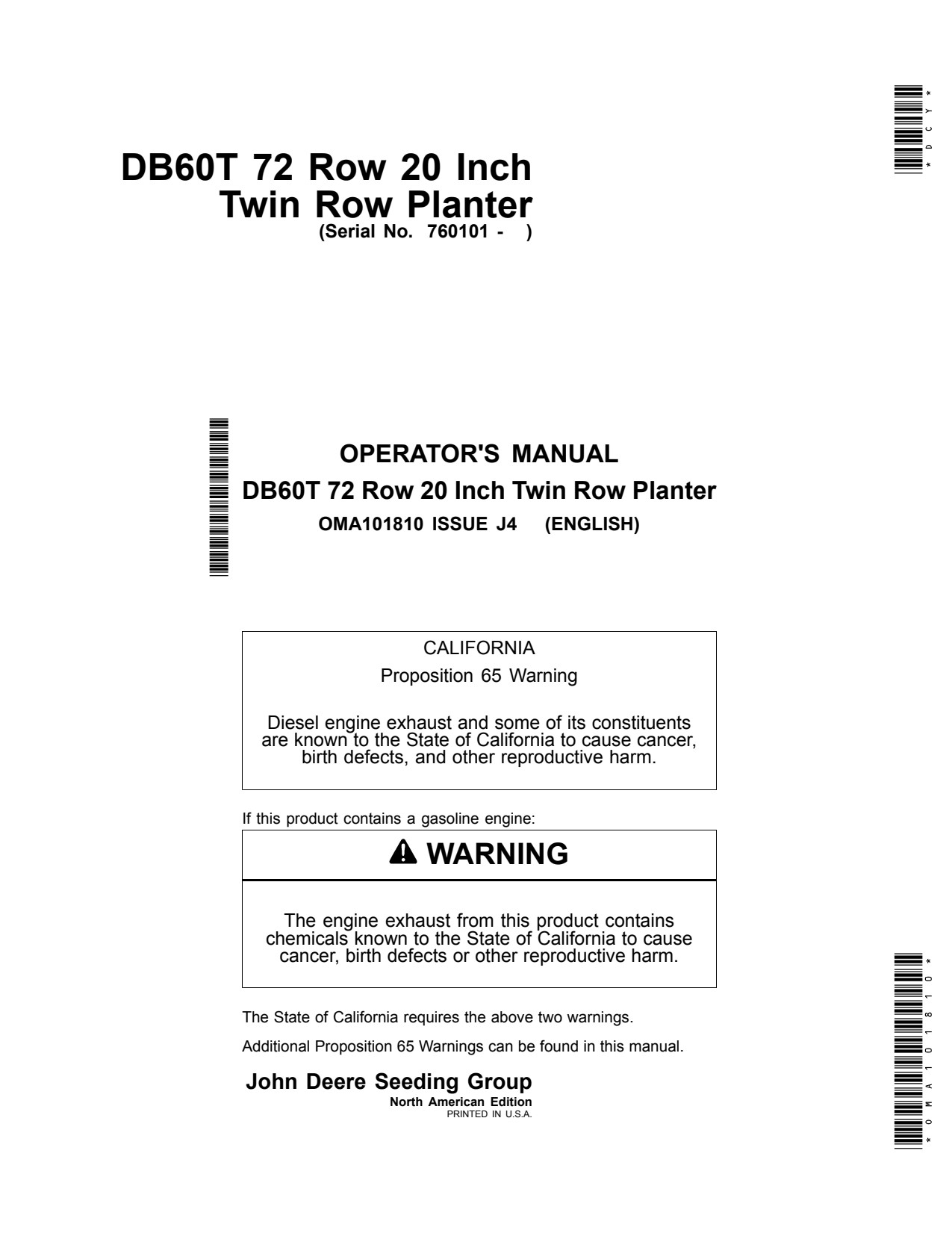 John Deere DB60T 72 20 Twin Row Planter Operator Manual OMA101810 1 John Deere DB60T 72 20 Twin Row Planter Operator Manual OMA101810