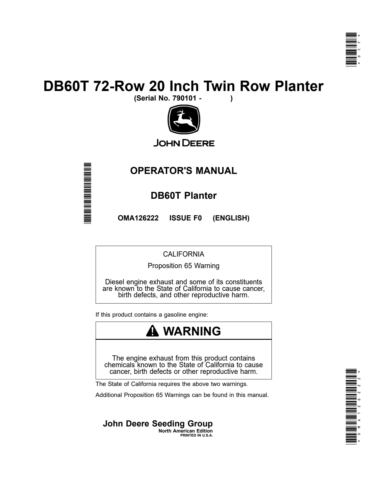 John Deere DB60T 72 20 Twin Row Planter Operator Manual OMA126222 1 John Deere DB60T 72 20 Twin Row Planter Operator Manual OMA126222